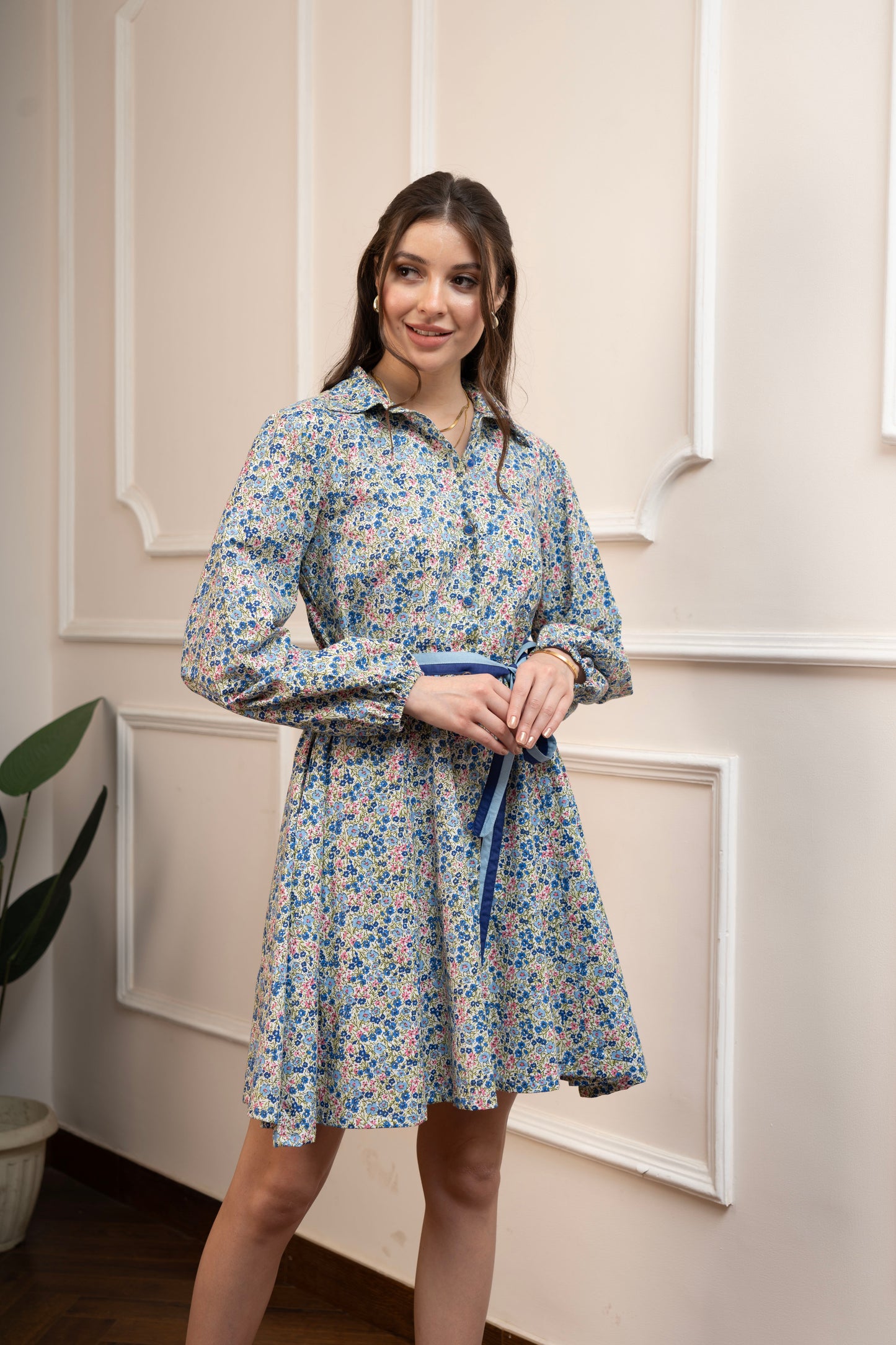Blue Floral Dress with belt