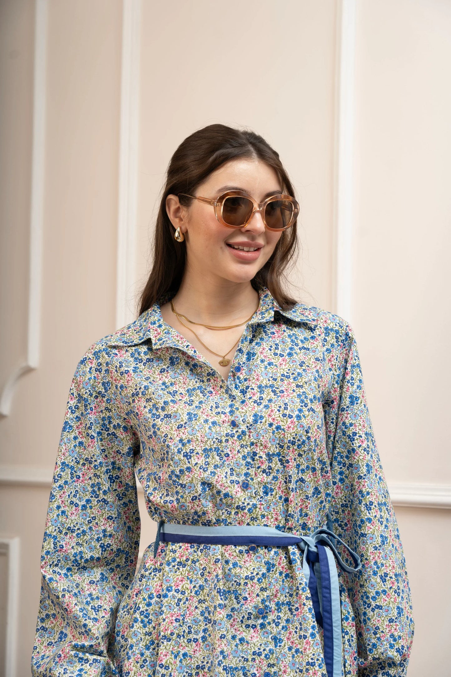 Blue Floral Dress with belt - M / Emerald Blue / Cotton - Allure Armoire