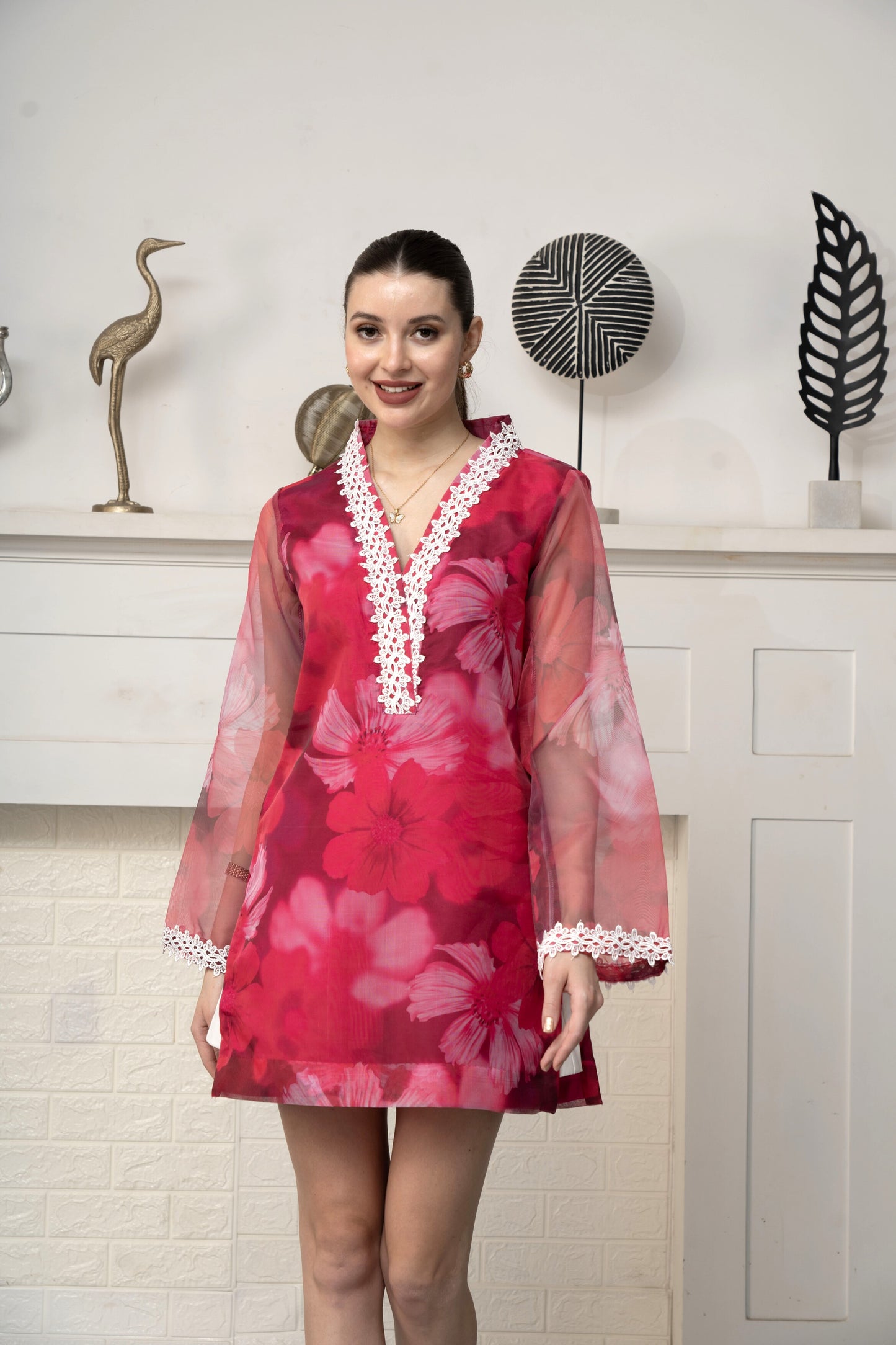 Ruby Red flowerish Organza Top