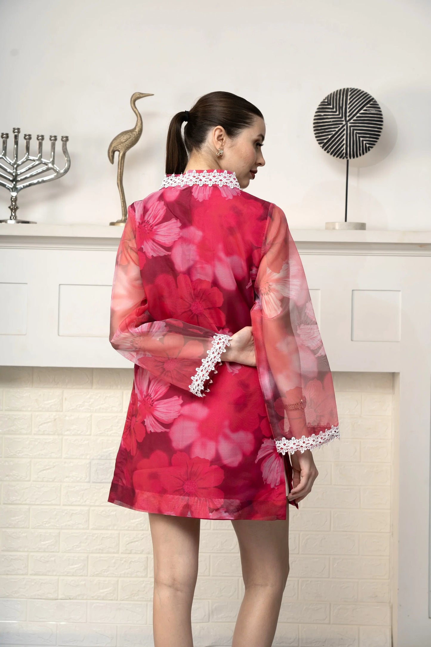 Ruby Red flowerish Organza Top - M / Ruby Red / Organza - Allure Armoire