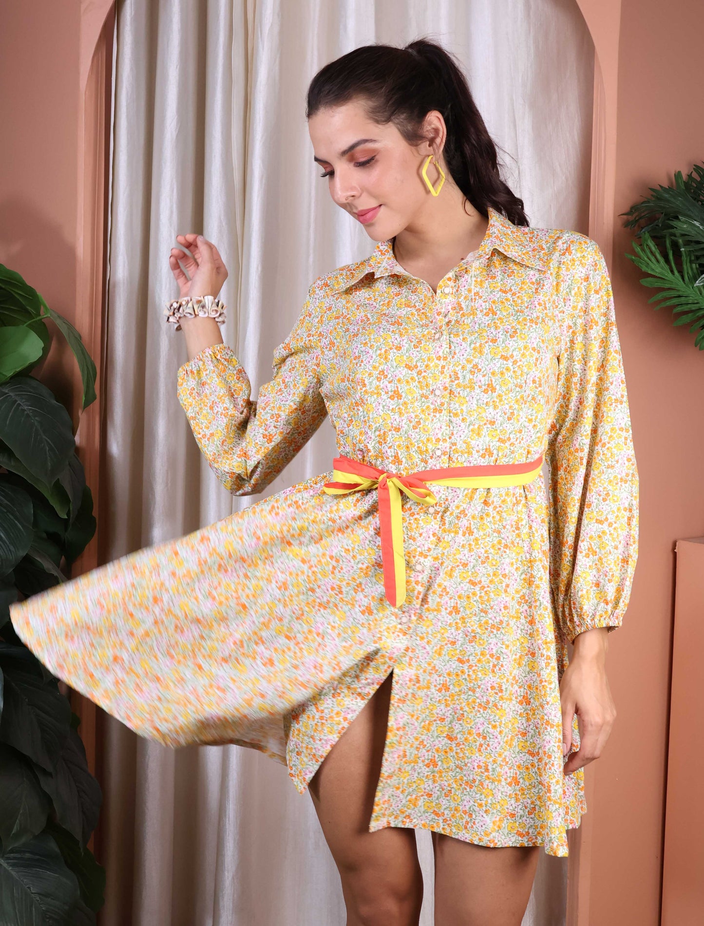 Yellow/Orange Floral Dress with belt