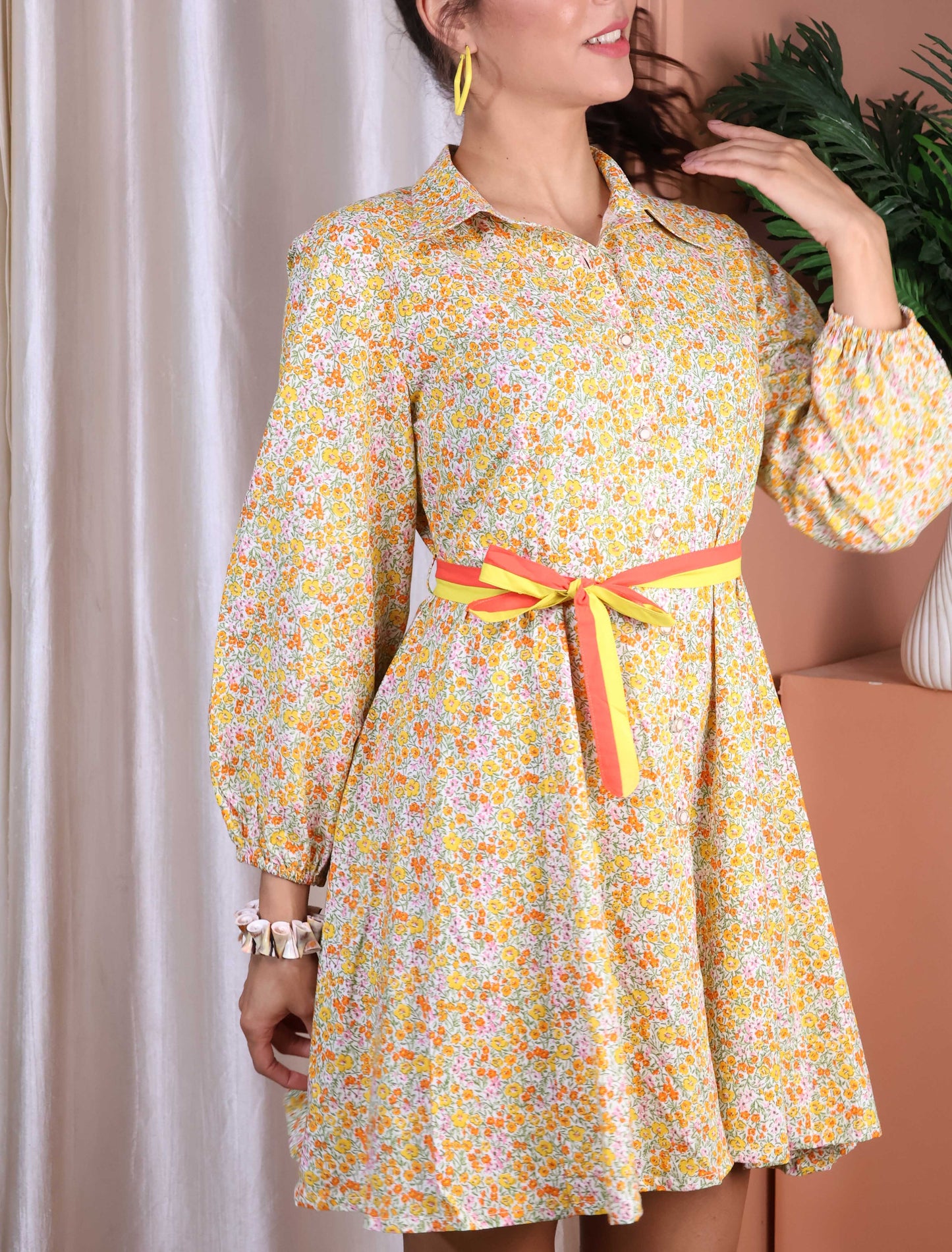 Yellow/Orange Floral Dress with belt