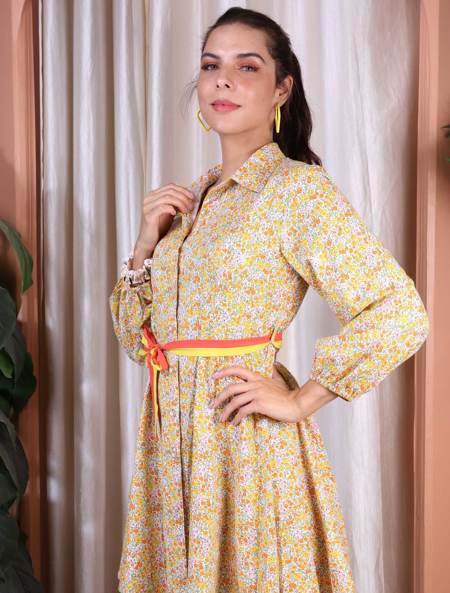 Yellow/Orange Floral Dress with belt