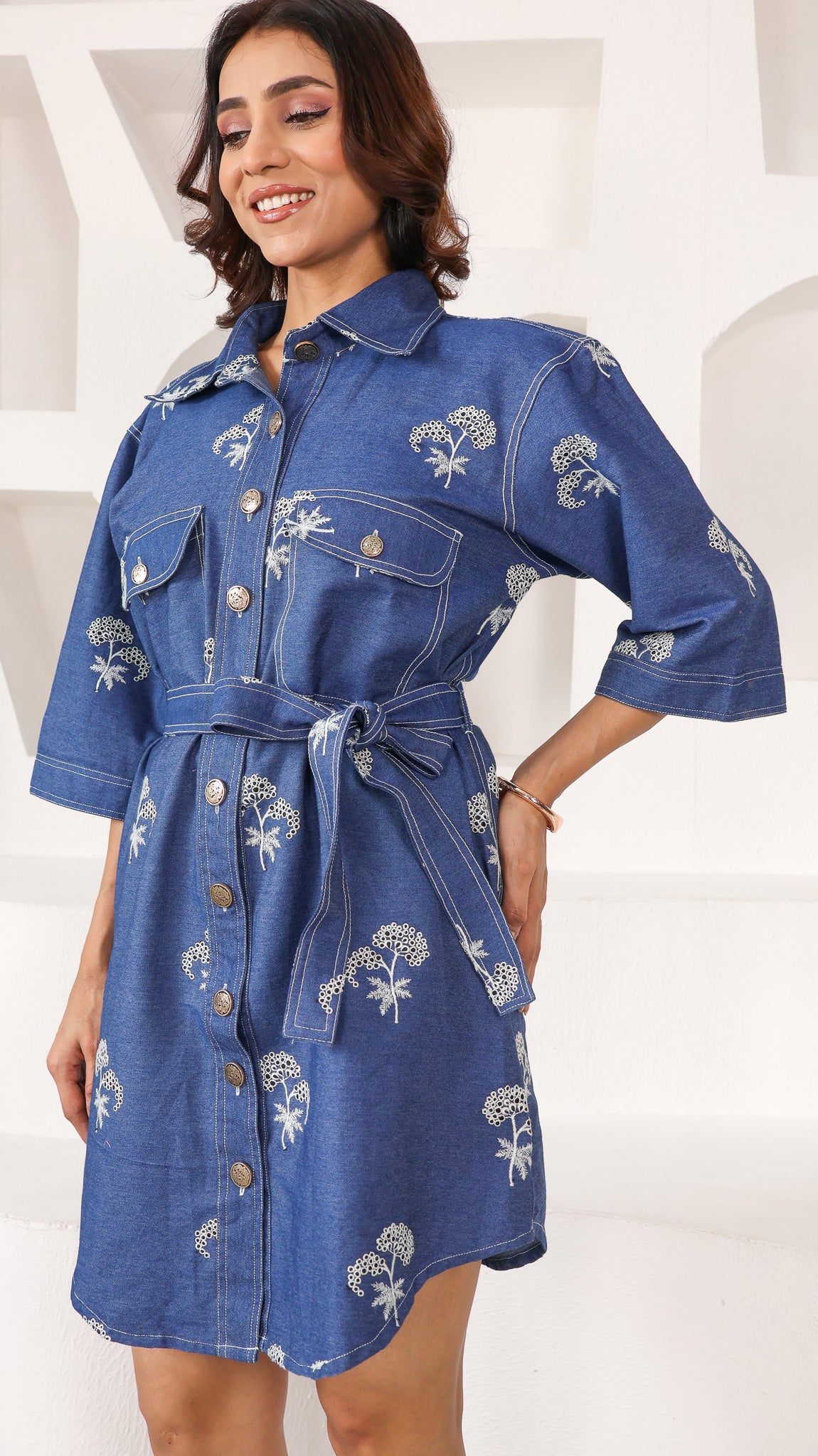 Denim dress with belt