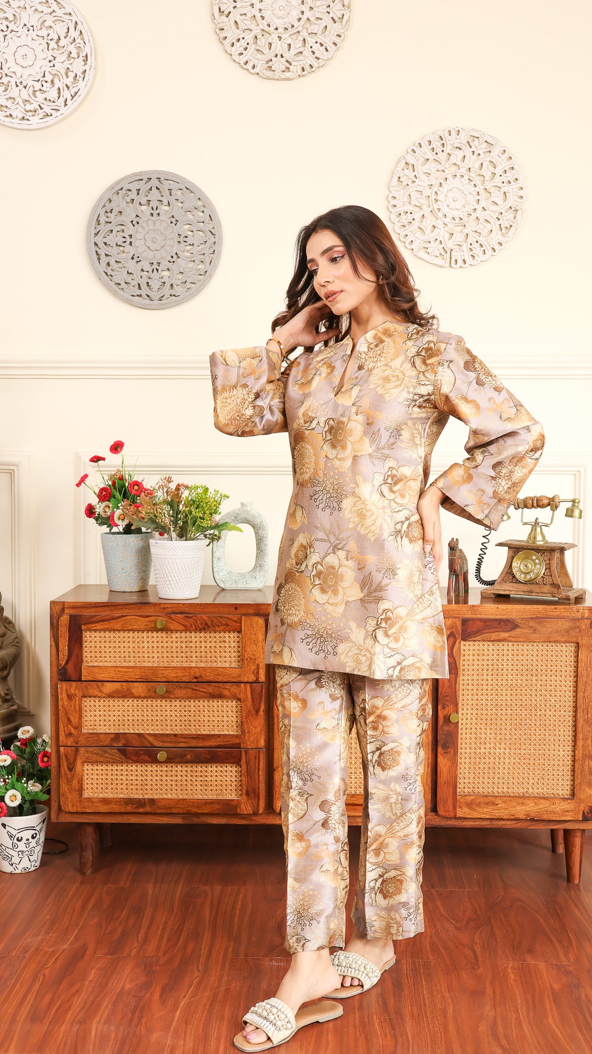 Printed Poly Silk Silk Coord (Grey)