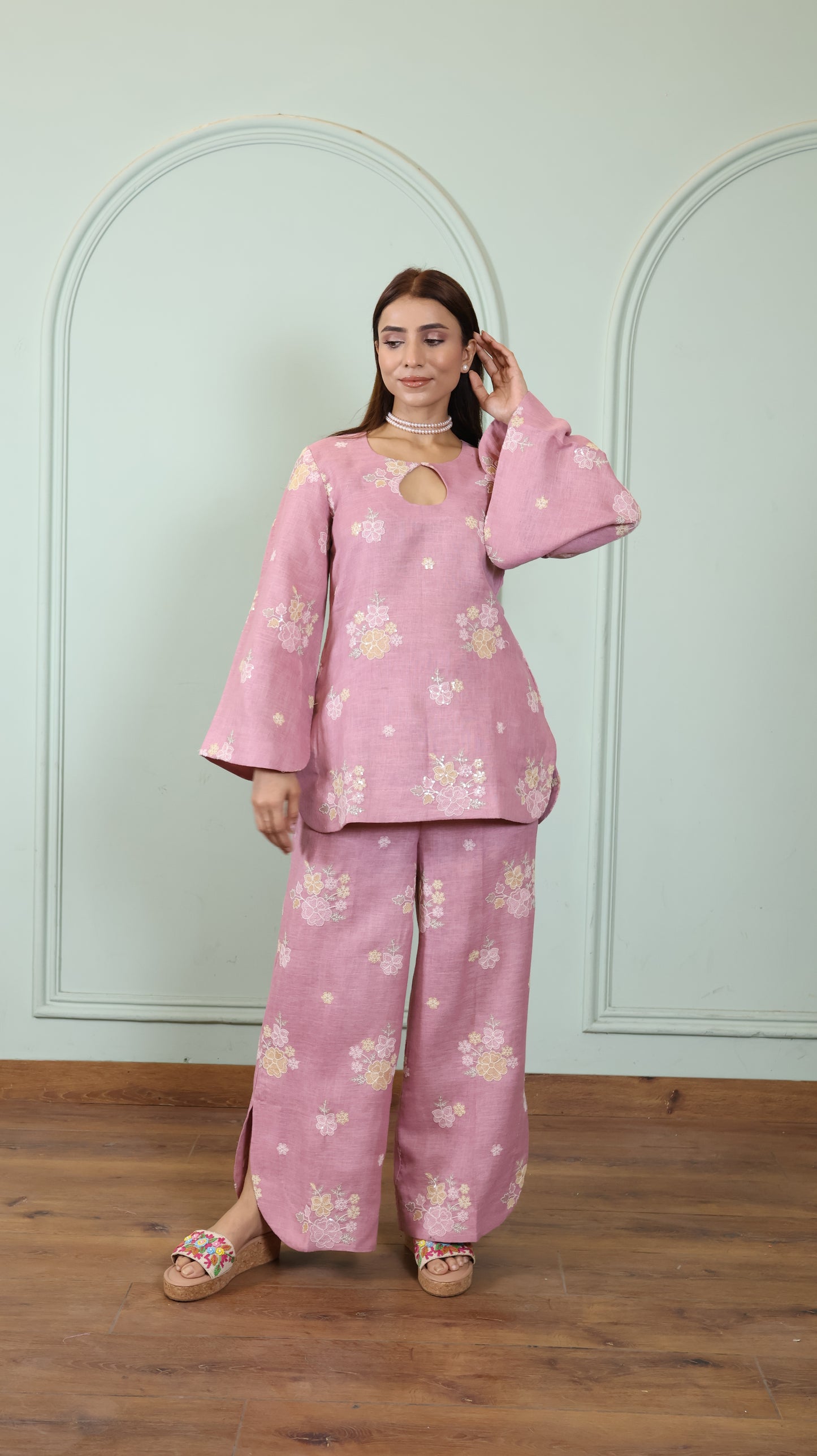 Pink Sequenced Linen set