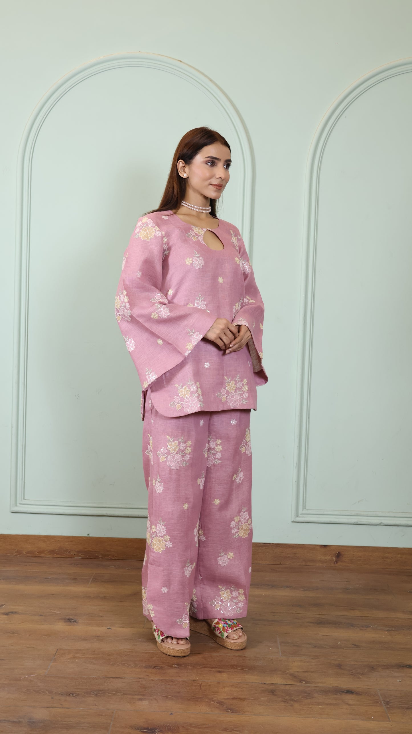 Pink Sequenced Linen set