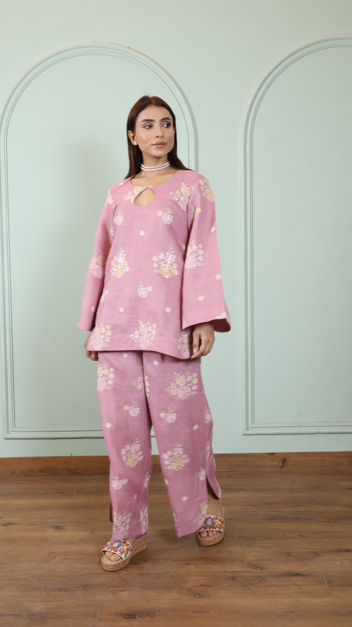 Pink Sequenced Linen set