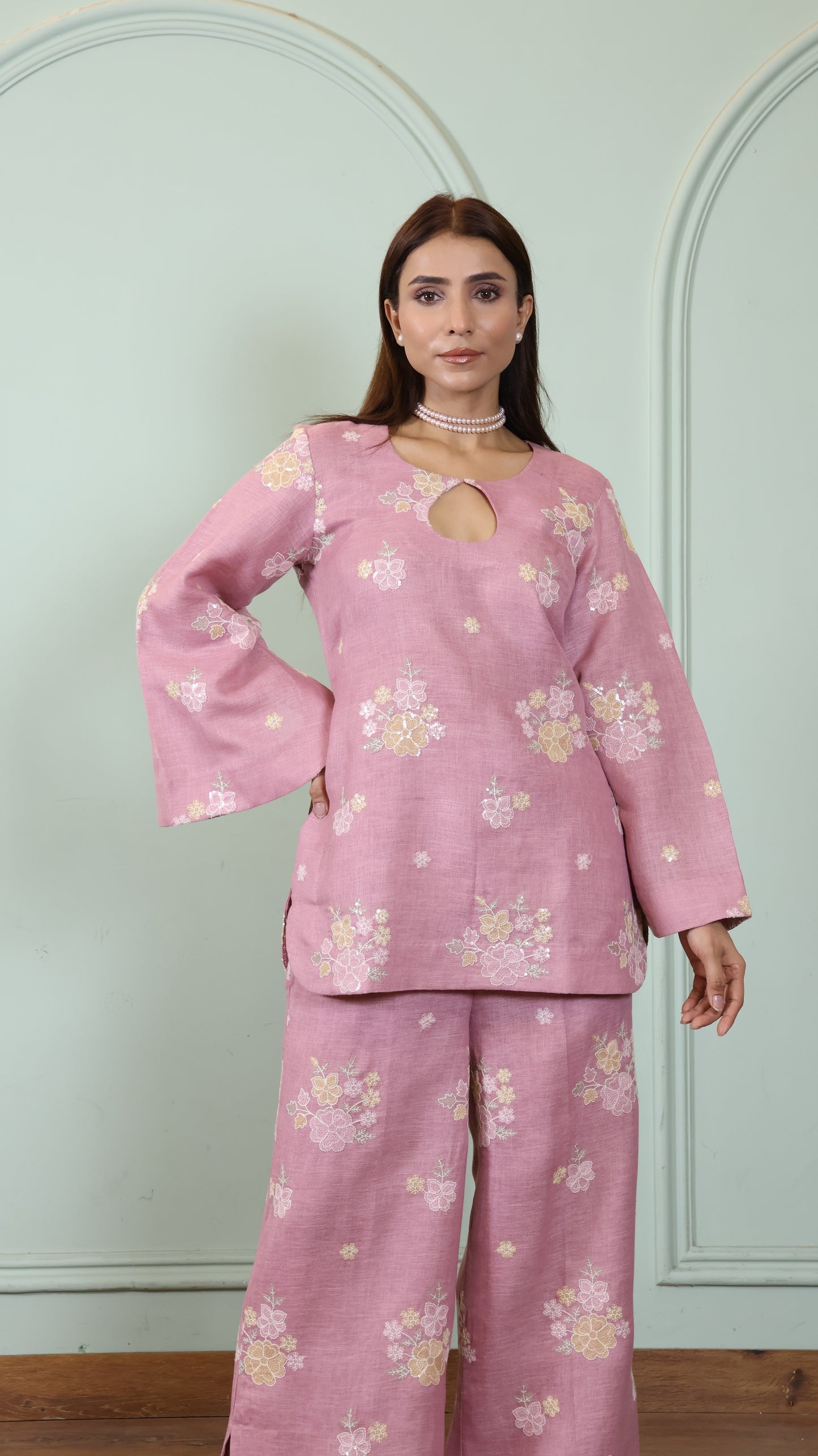 Pink Sequenced Linen set