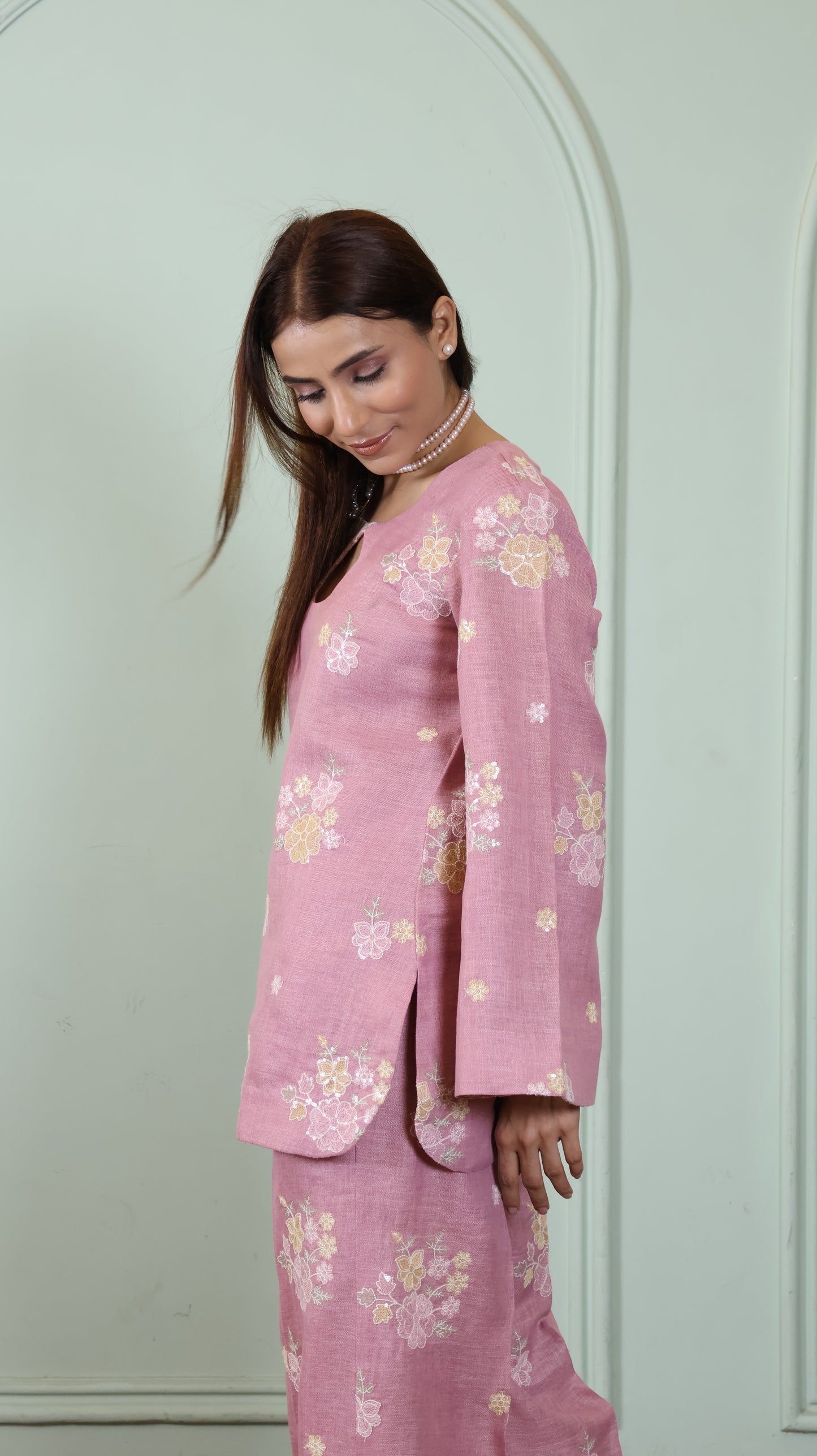 Pink Sequenced Linen set