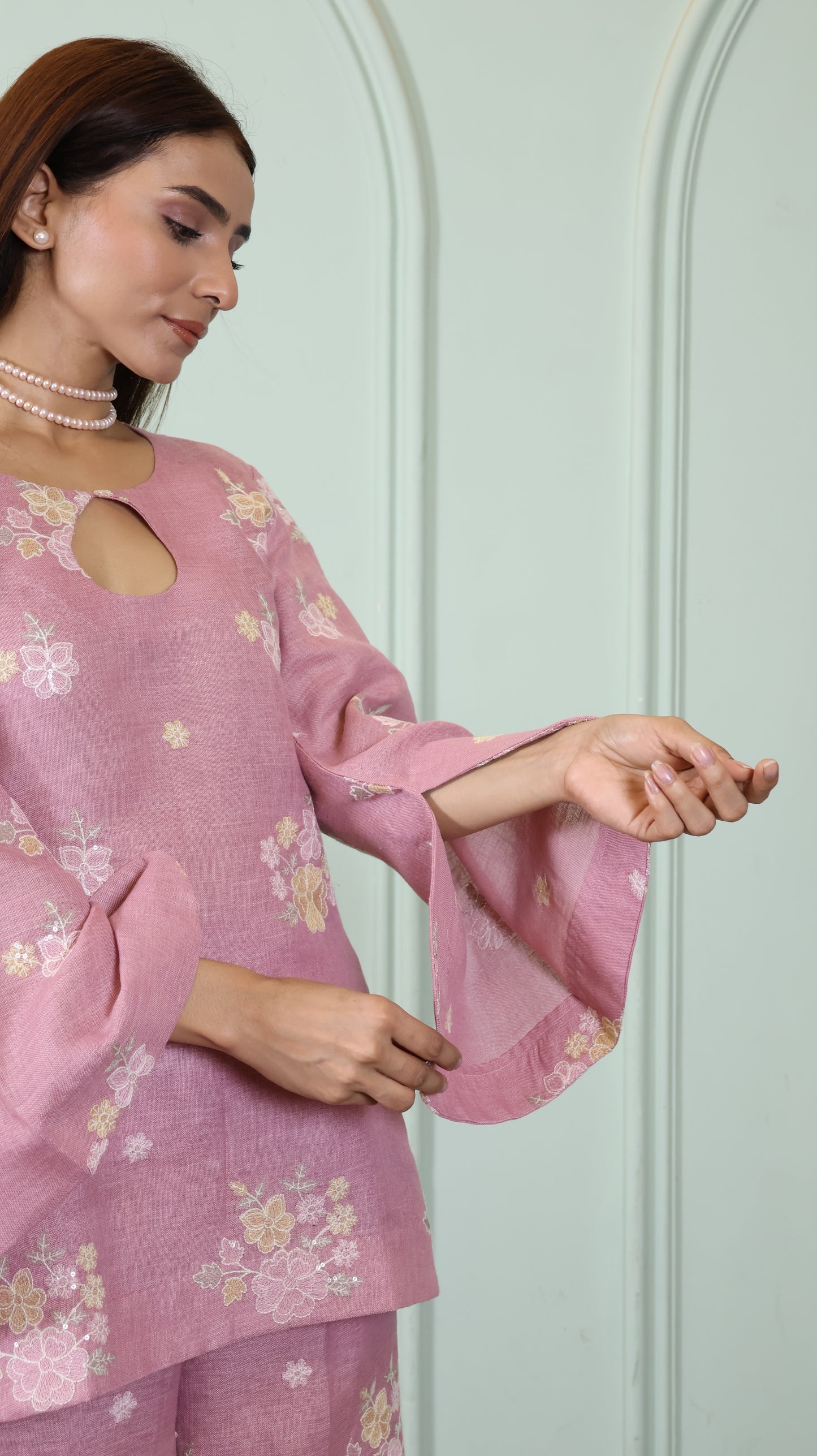 Pink Sequenced Linen set