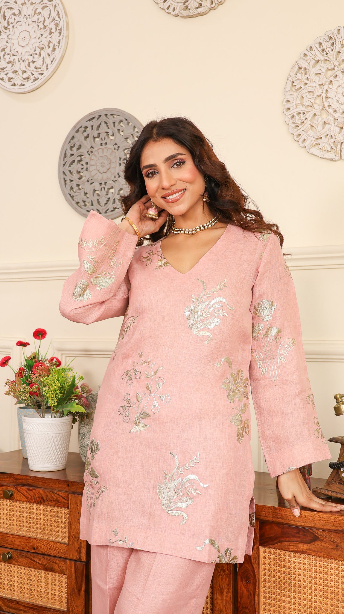 Pink gold Sequenced Linen Set