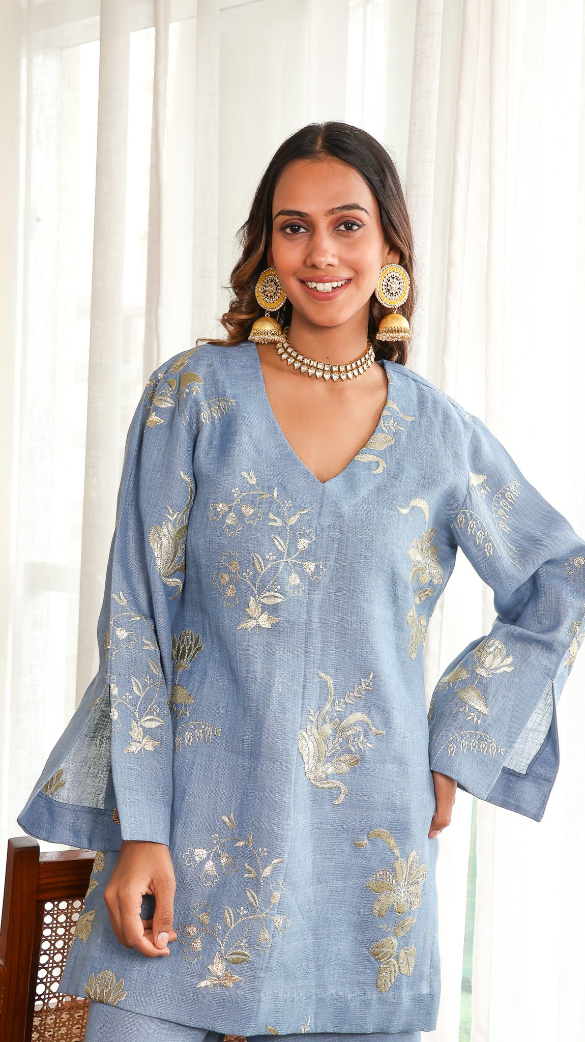 Blue gold Sequenced Linen Set