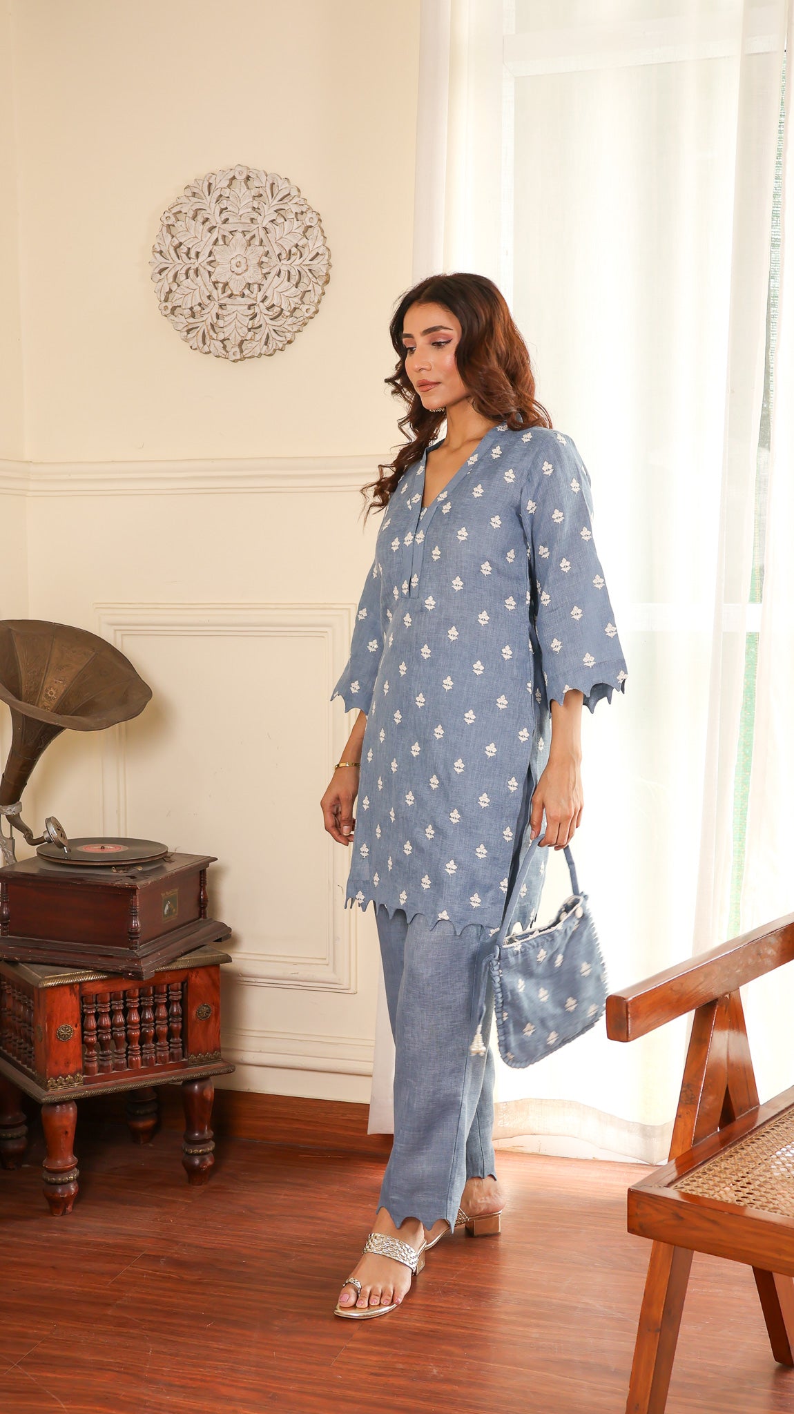 Blue Embrodered Linen Set