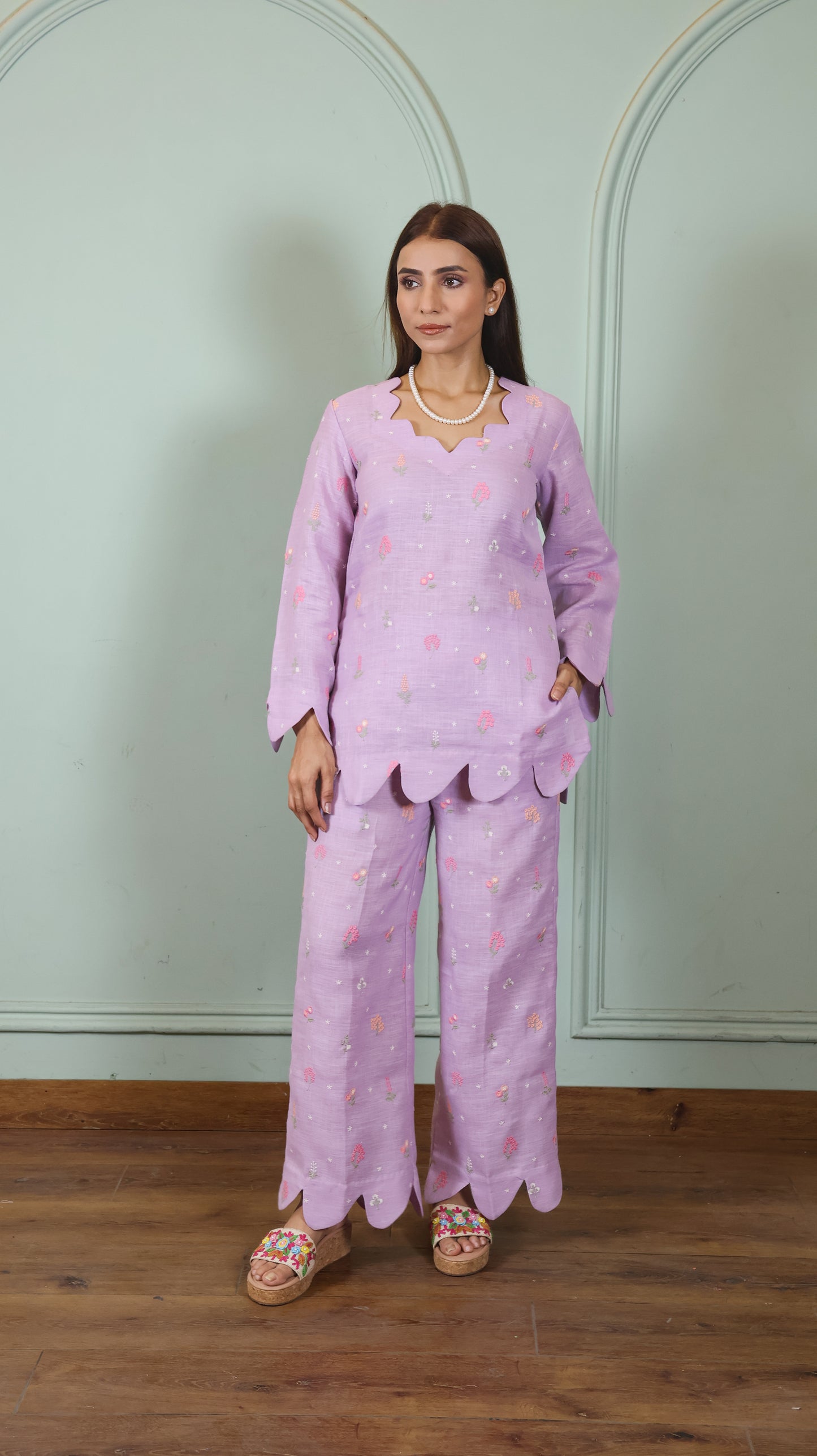 Purple Embroidered Linen set