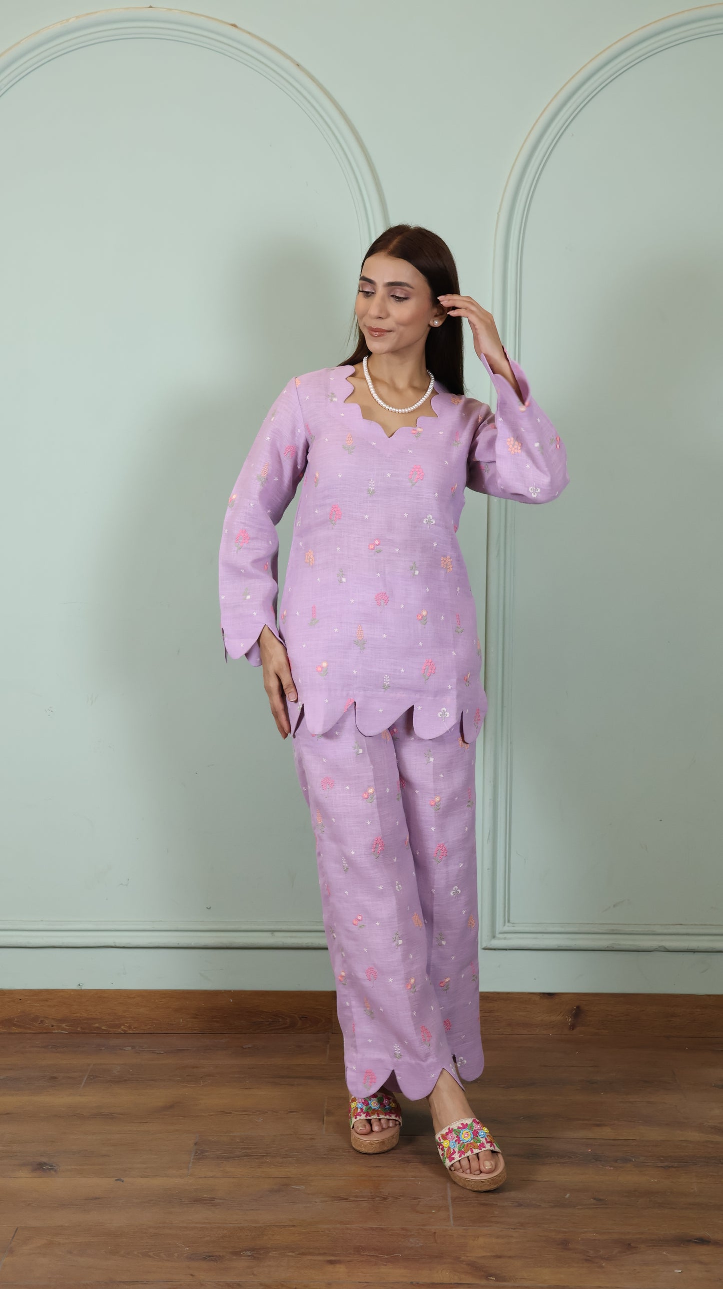 Purple Embroidered Linen set
