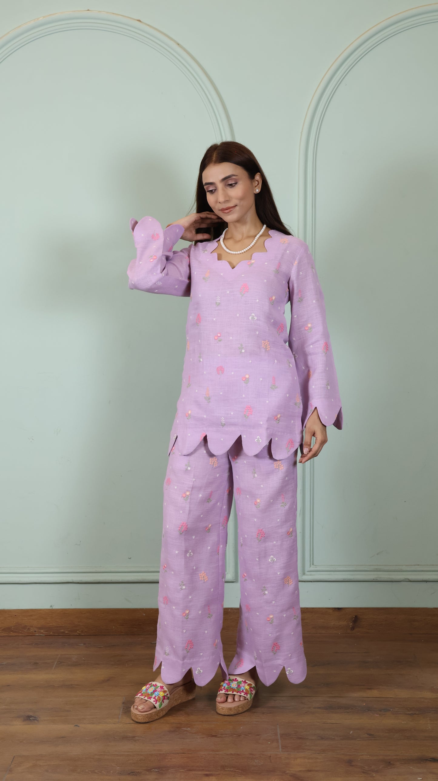 Purple Embroidered Linen set