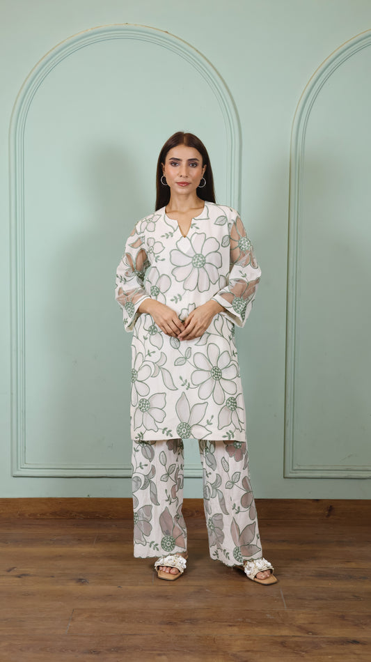 Offwhite Cut work green Kurta set