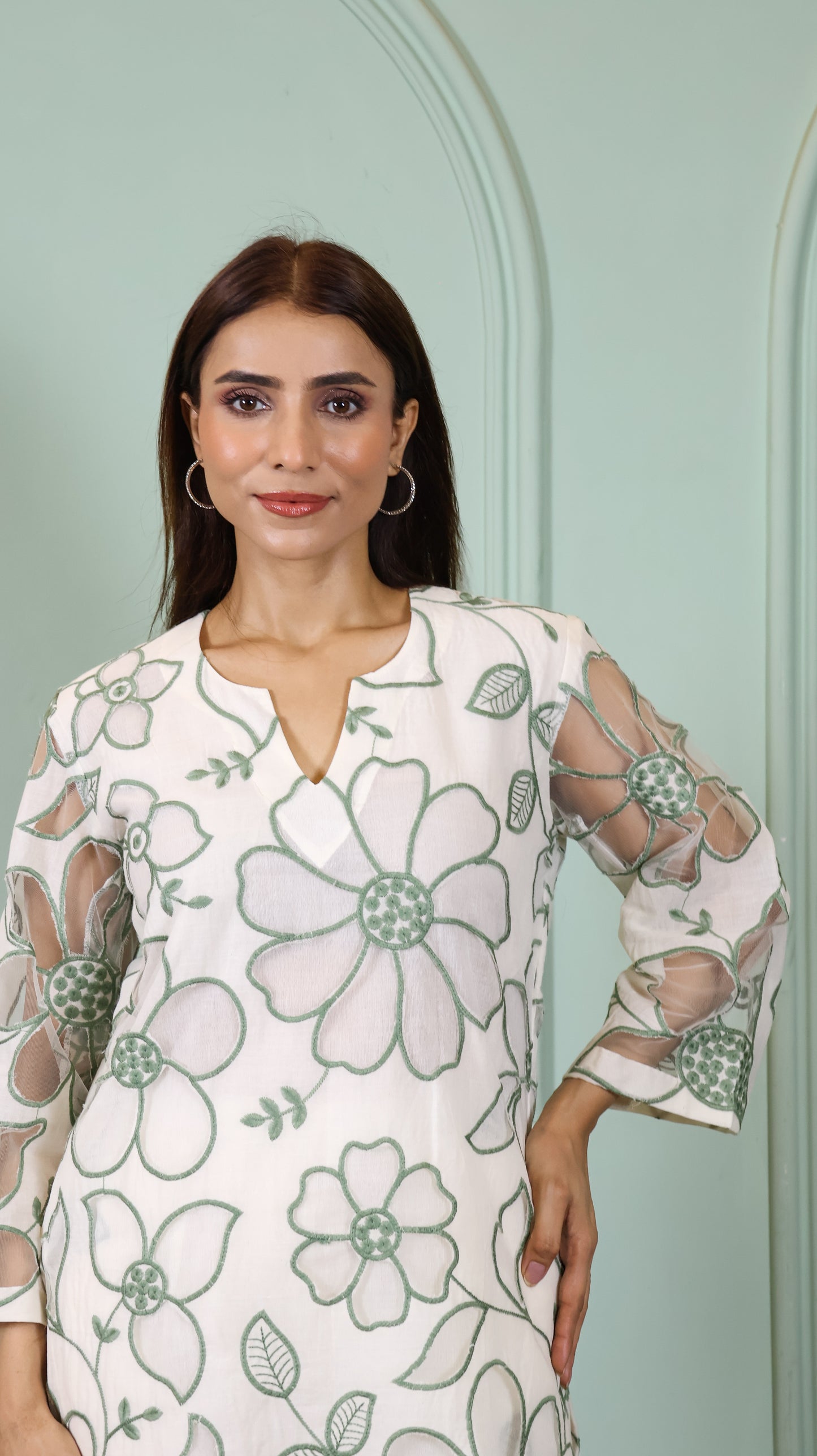 Offwhite Cut work green Kurta set