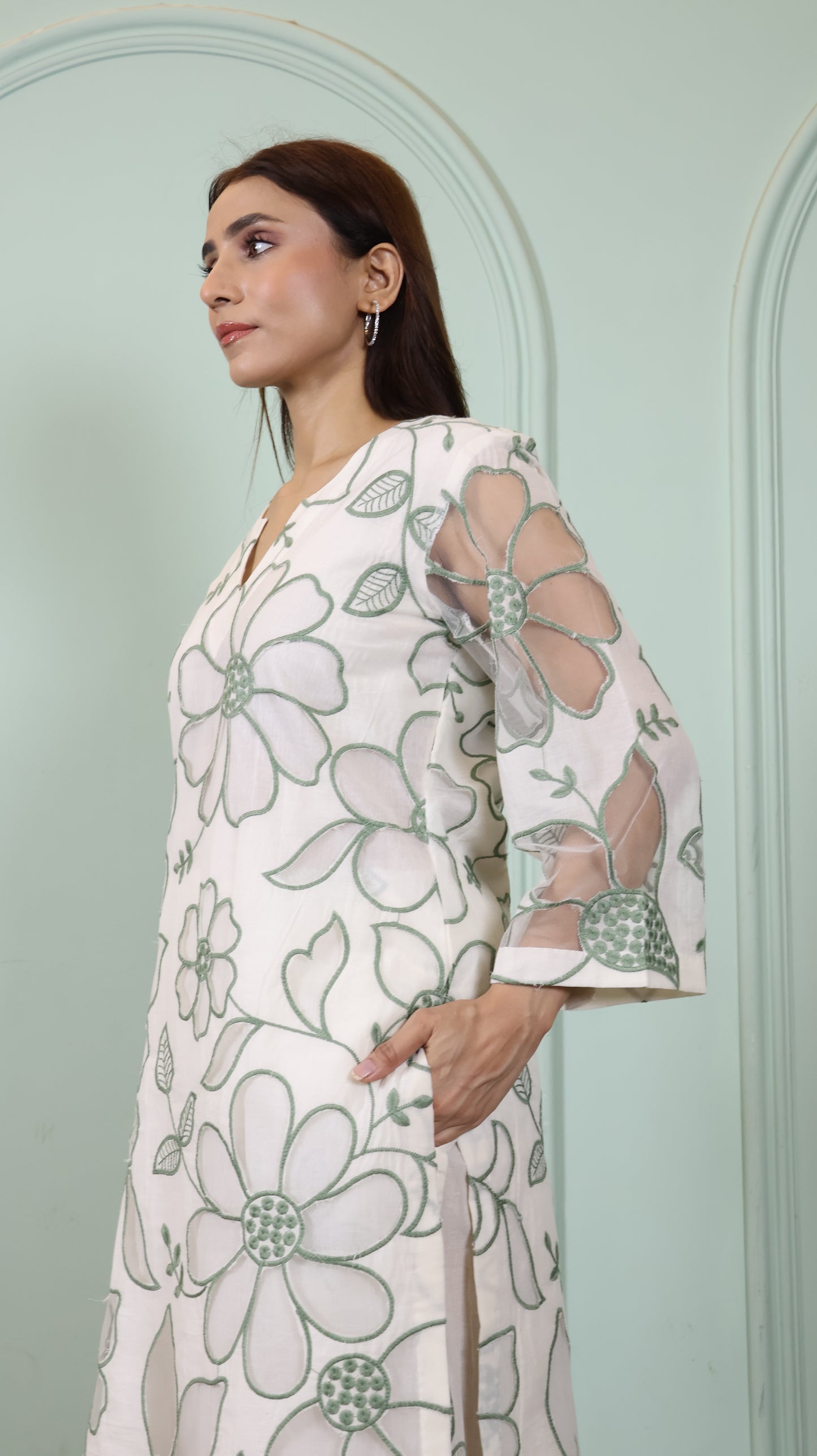 Offwhite Cut work green Kurta set