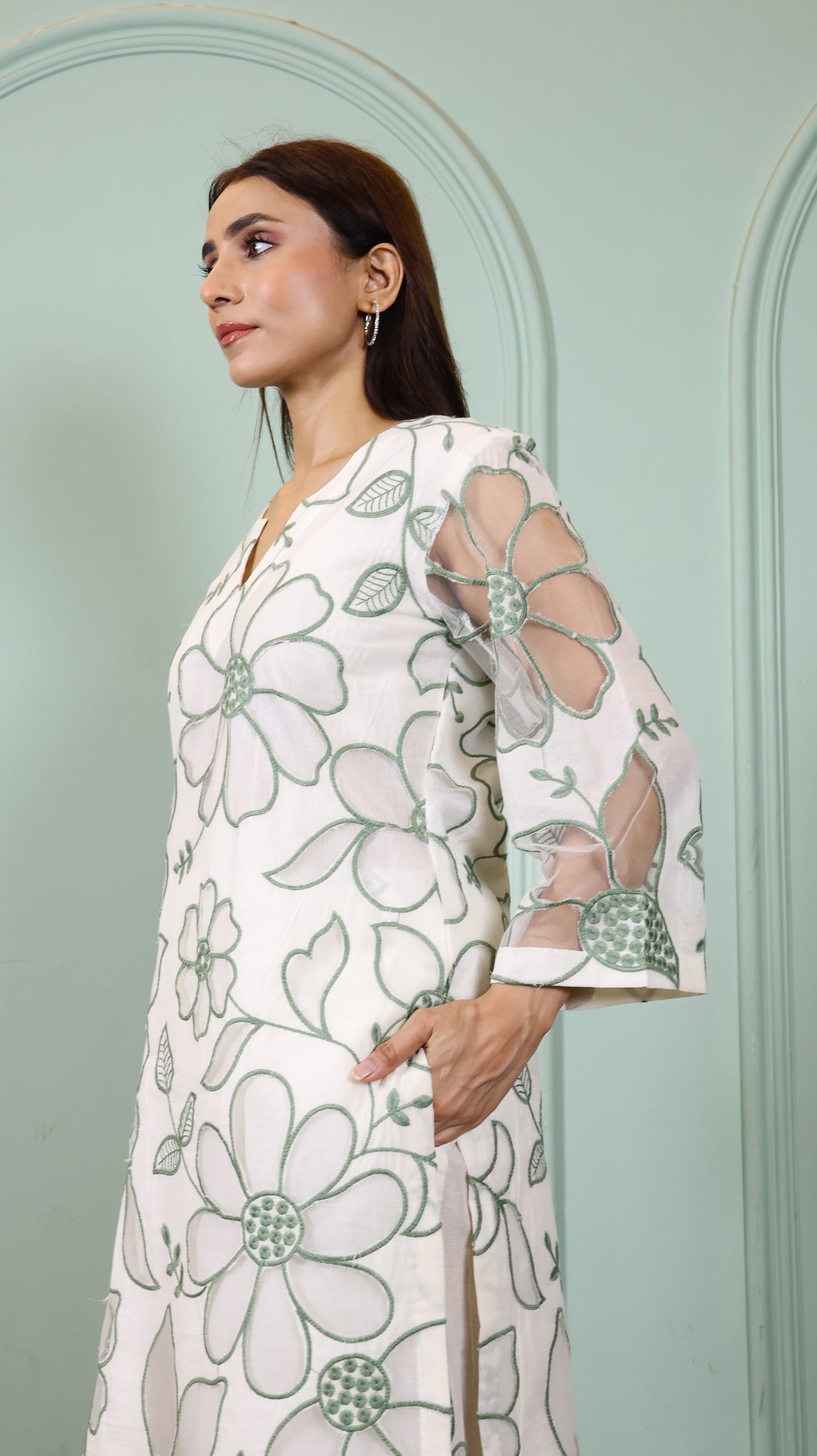 Offwhite Cut work green Kurta set