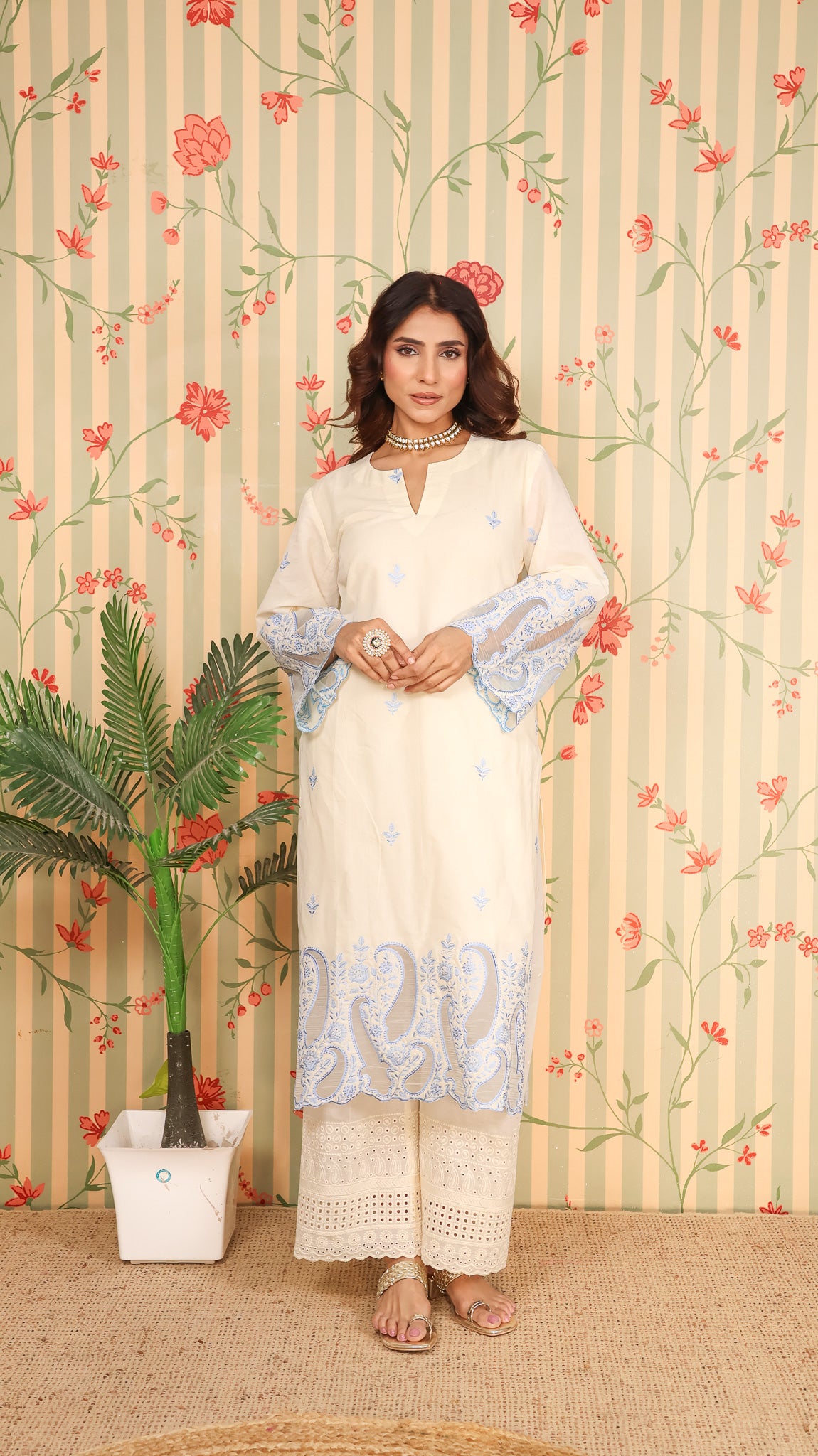 Offwhite Blue Kurta set with Pants