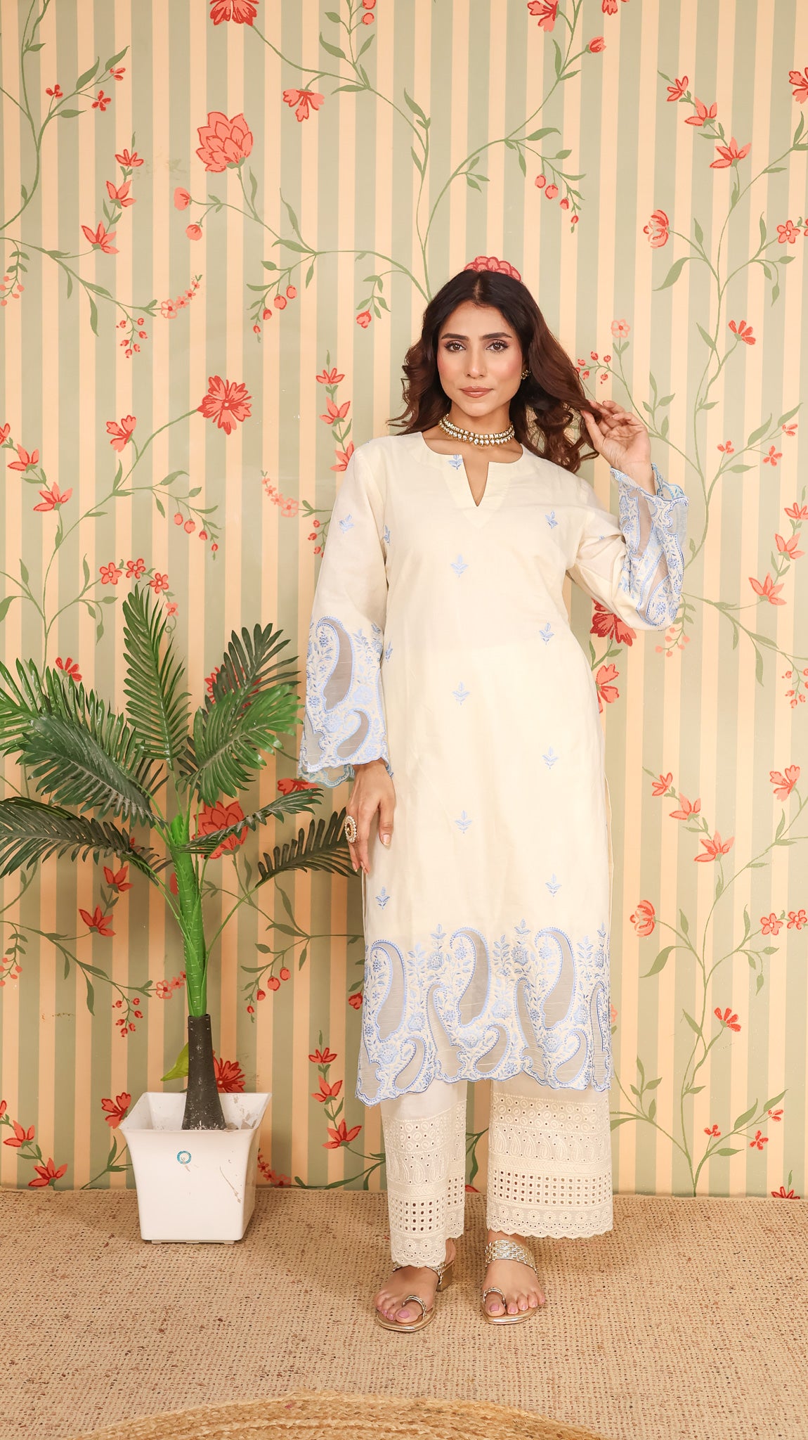 Offwhite Blue Kurta set with Pants