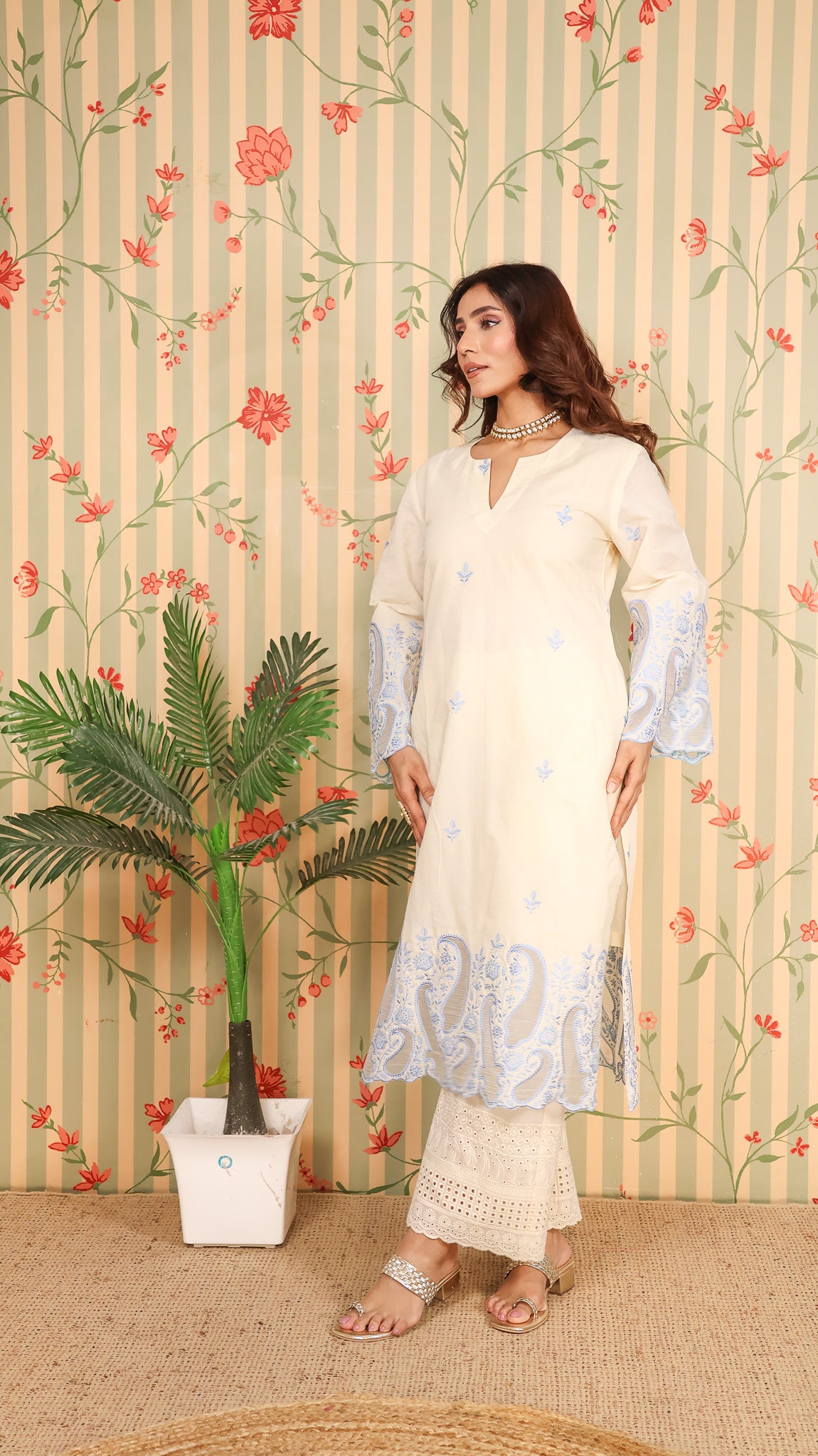 Offwhite Blue Kurta set with Pants