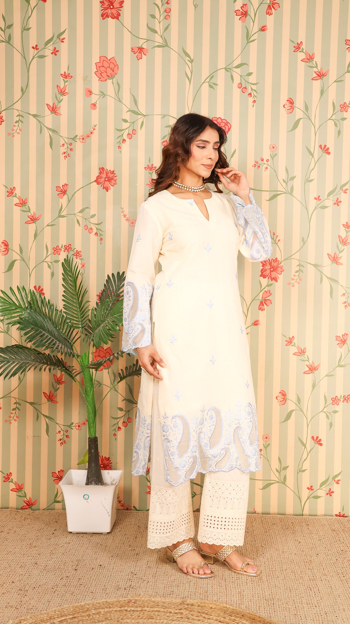 Offwhite Blue Kurta set with Pants