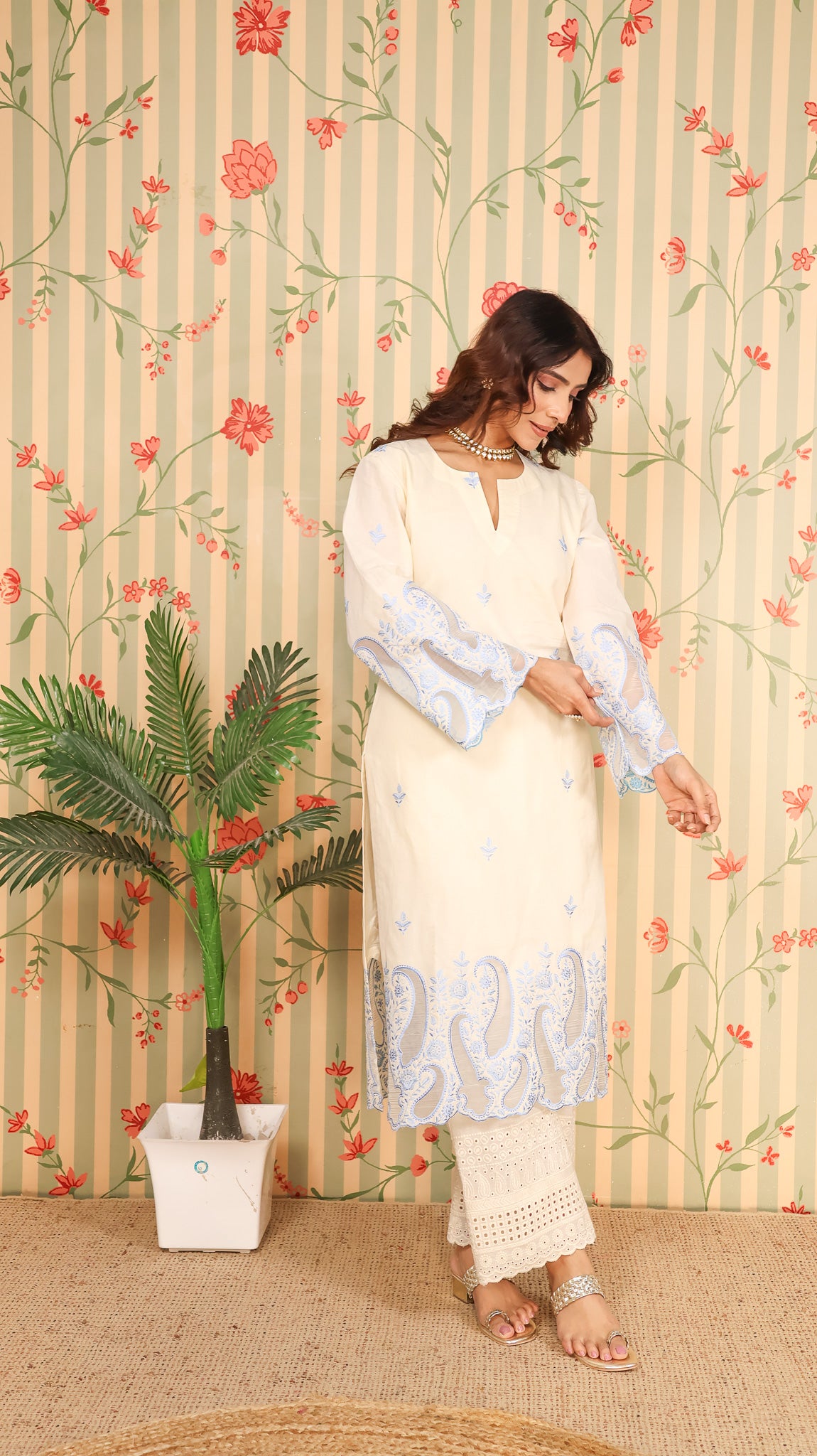 Offwhite Blue Kurta set with Pants