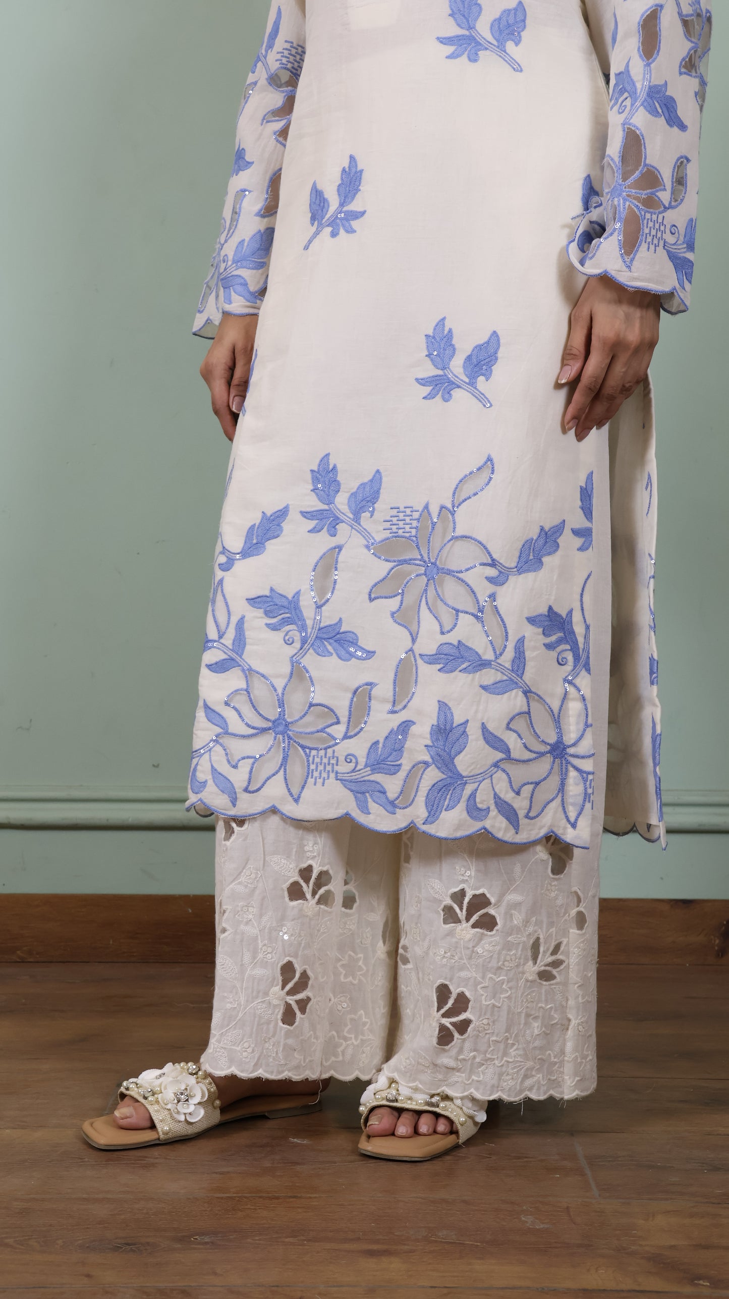 Off white Cut work Blue kurta Set