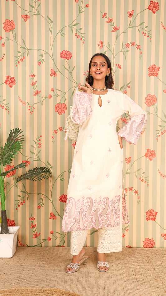 Offwhite Pink Kurta Set with Pants