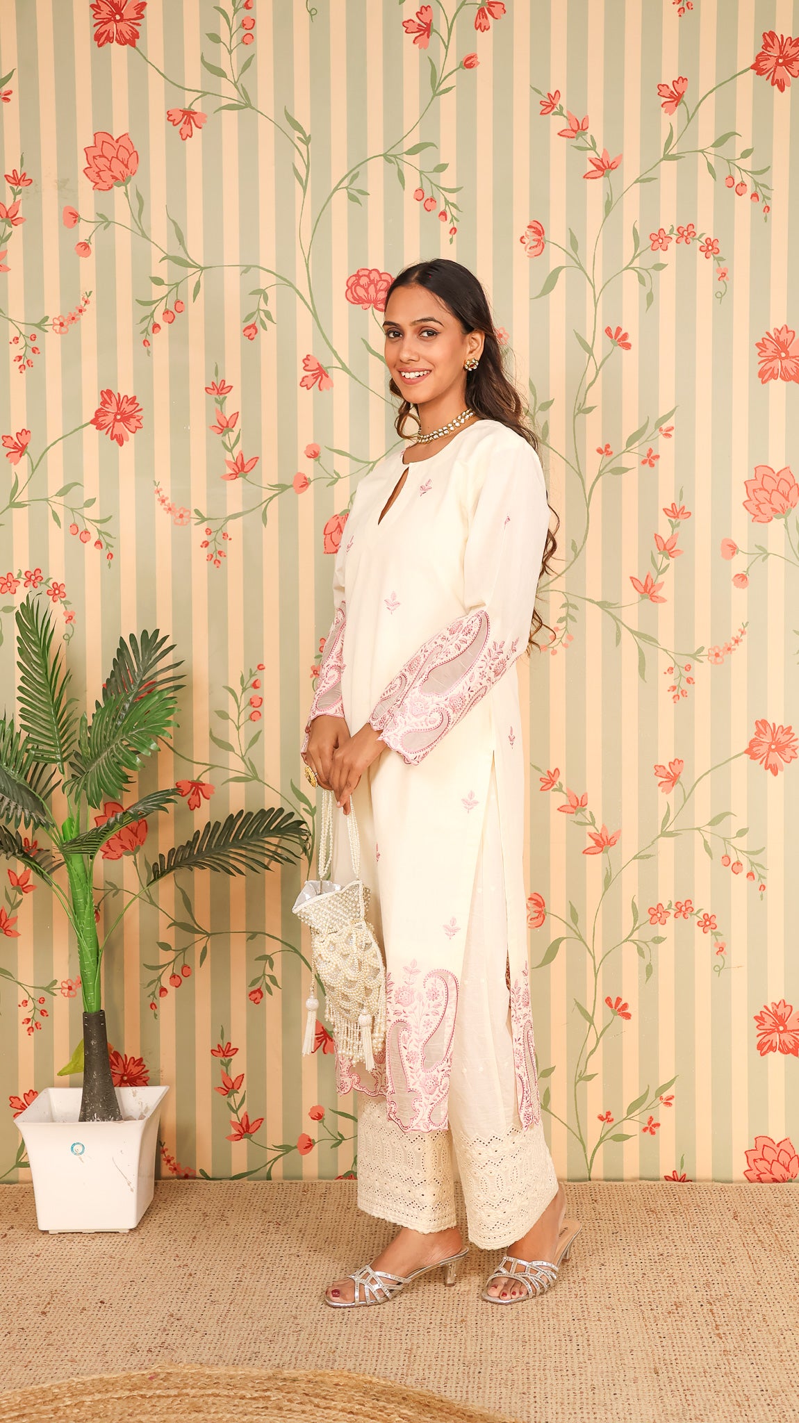Offwhite Pink Kurta Set with Pants