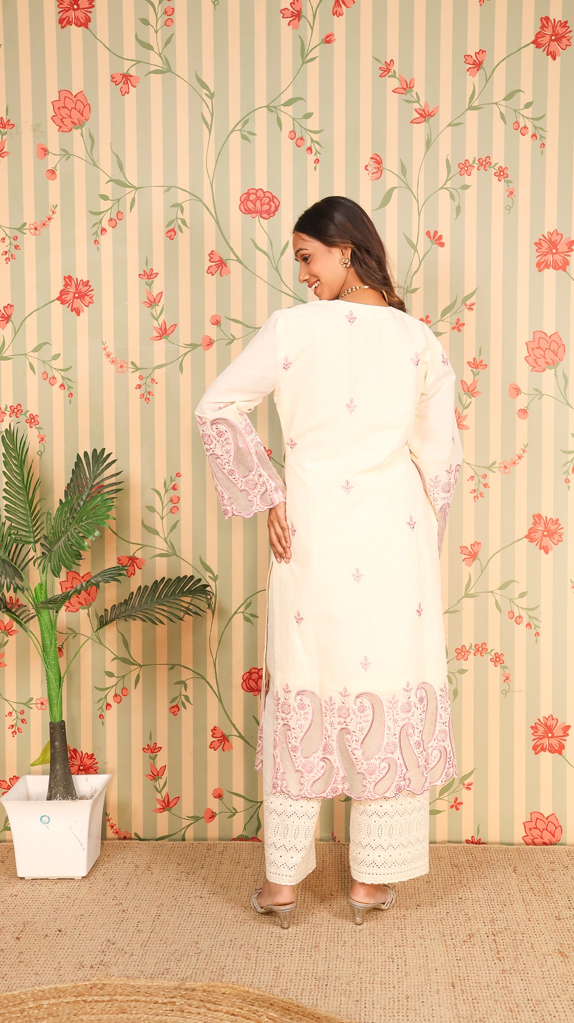 Offwhite Pink Kurta Set with Pants
