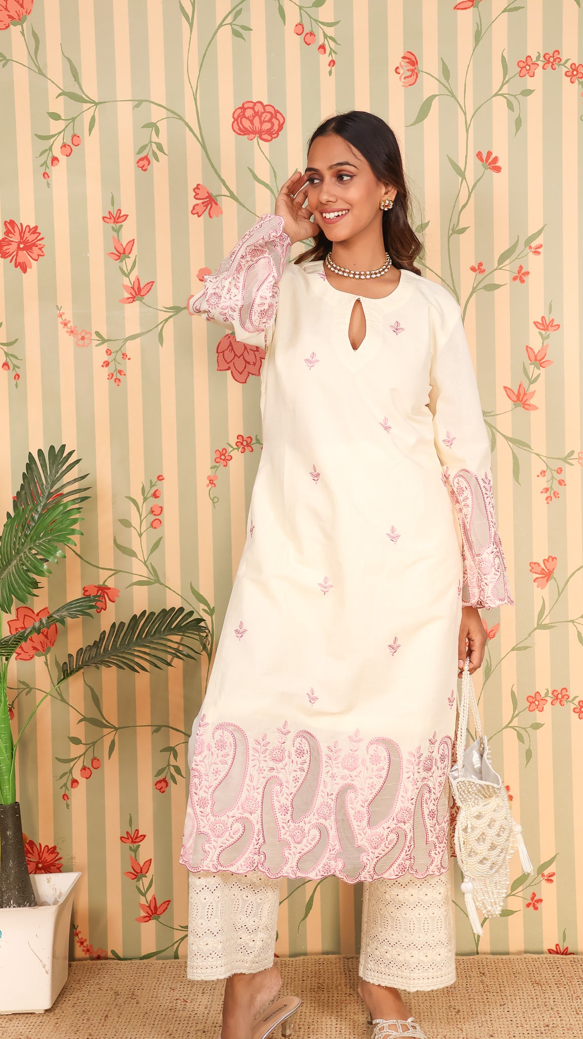 Offwhite Pink Kurta Set with Pants