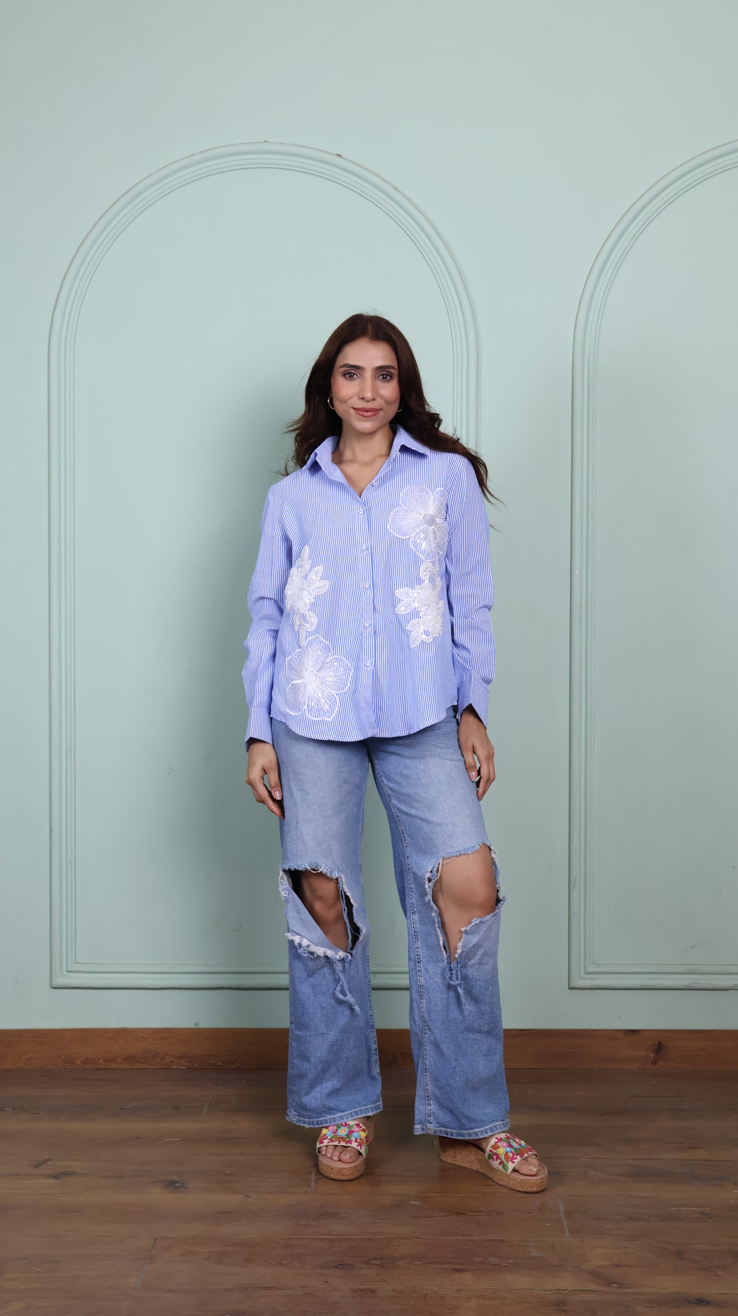 Patchwork blue striped cotton shirt