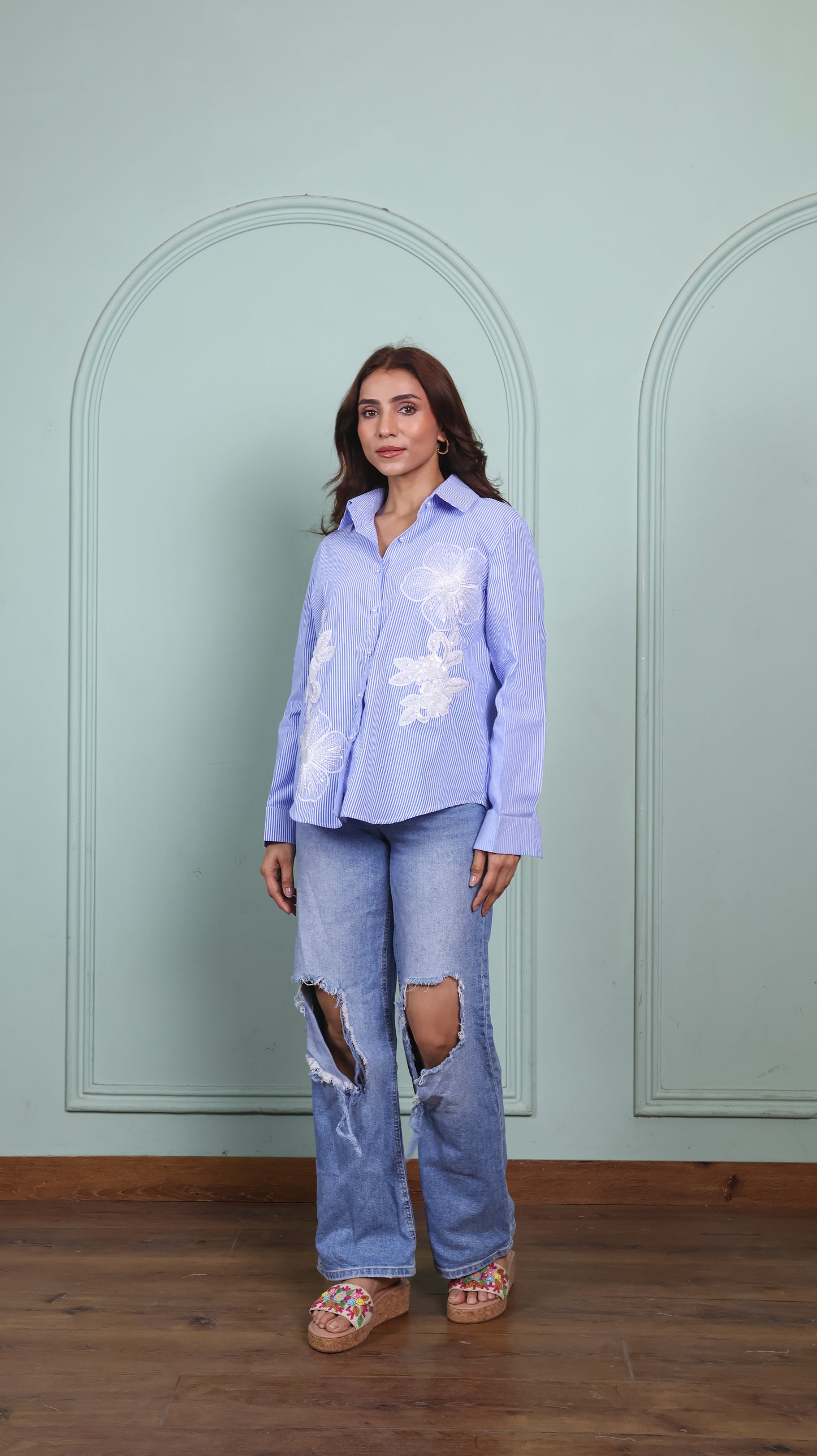 Patchwork blue striped cotton shirt