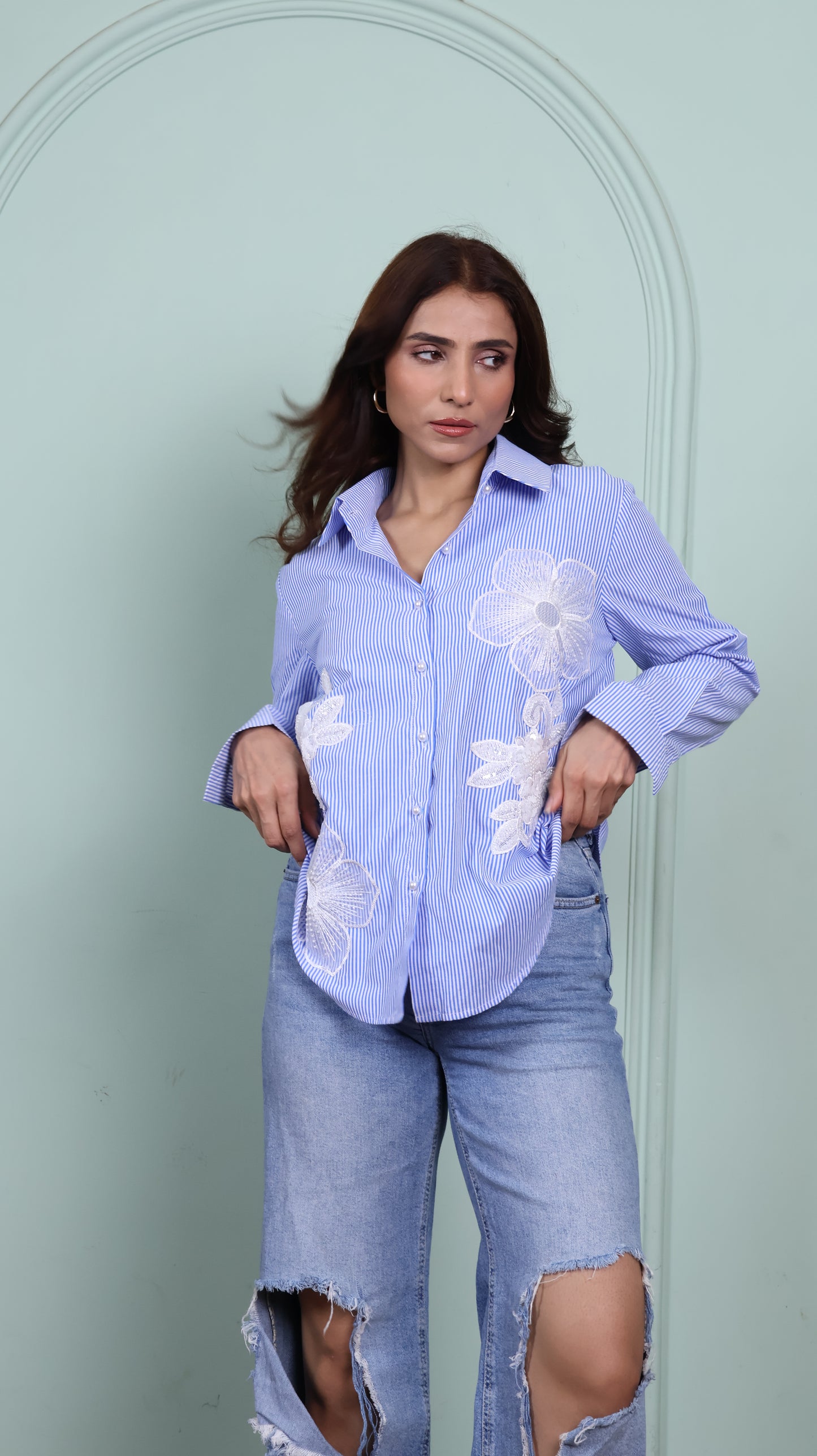 Patchwork blue striped cotton shirt