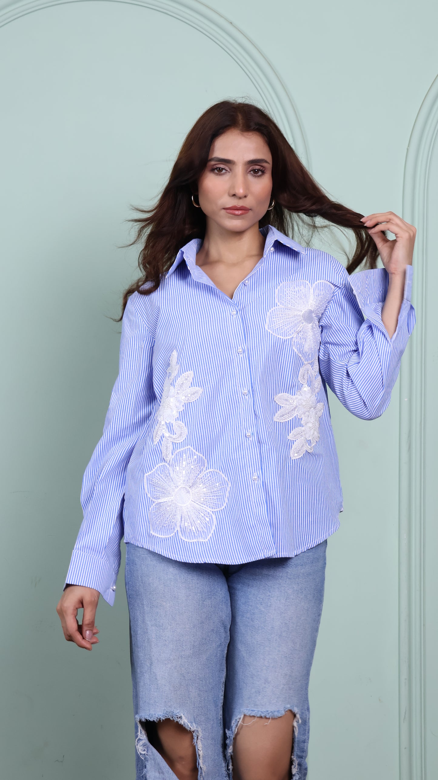 Patchwork blue striped cotton shirt