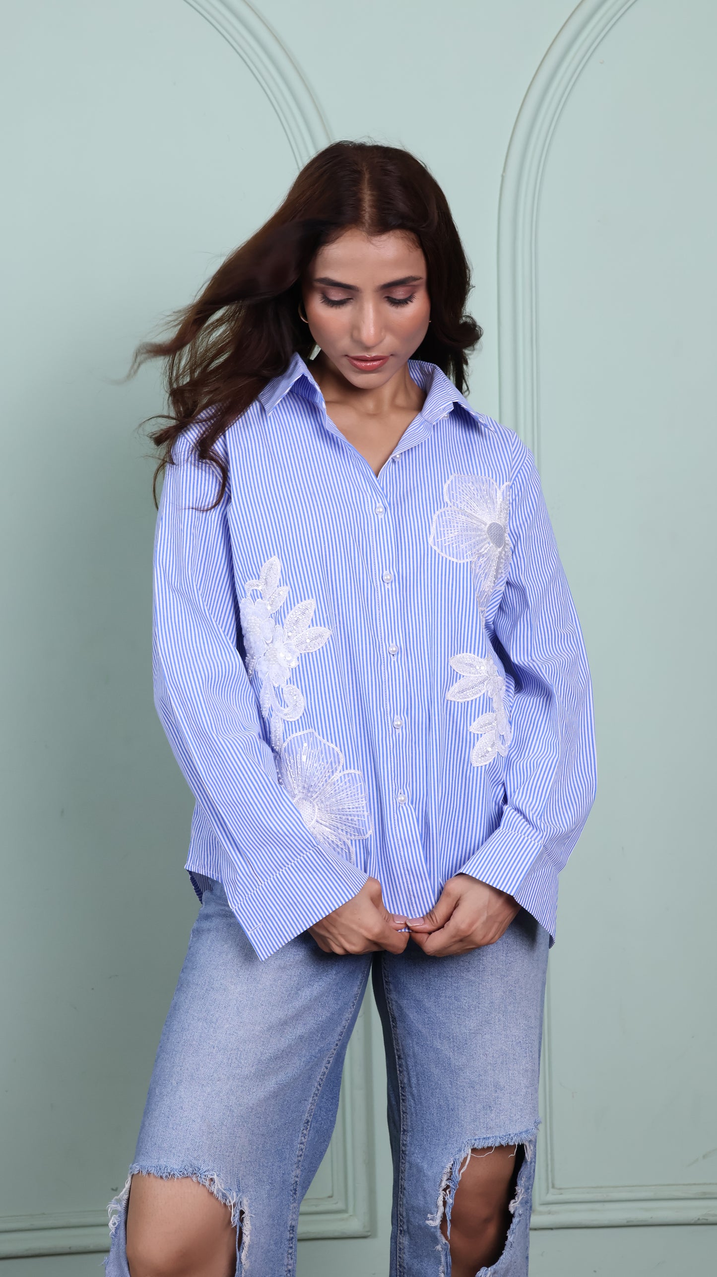 Patchwork blue striped cotton shirt