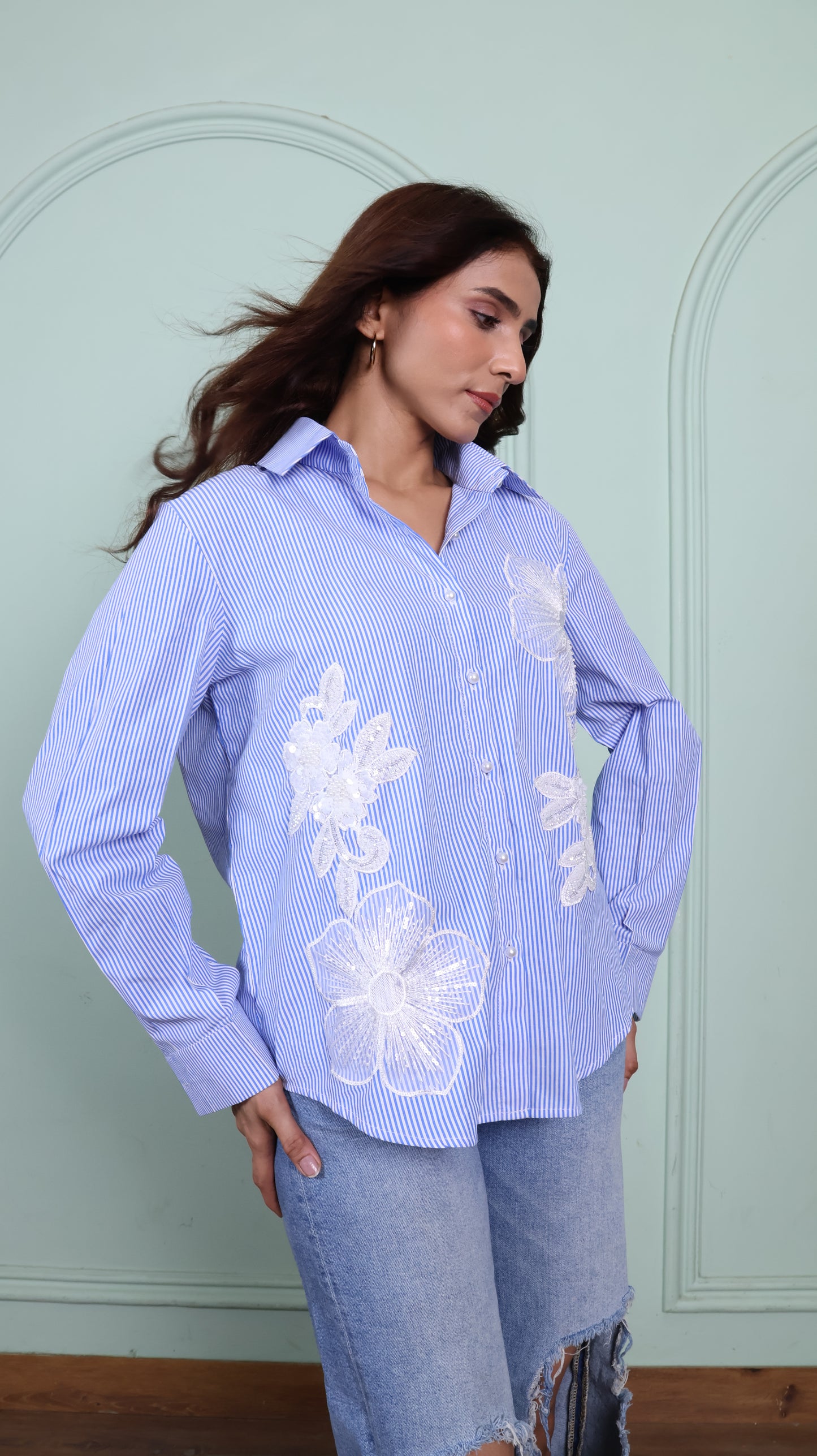 Patchwork blue striped cotton shirt
