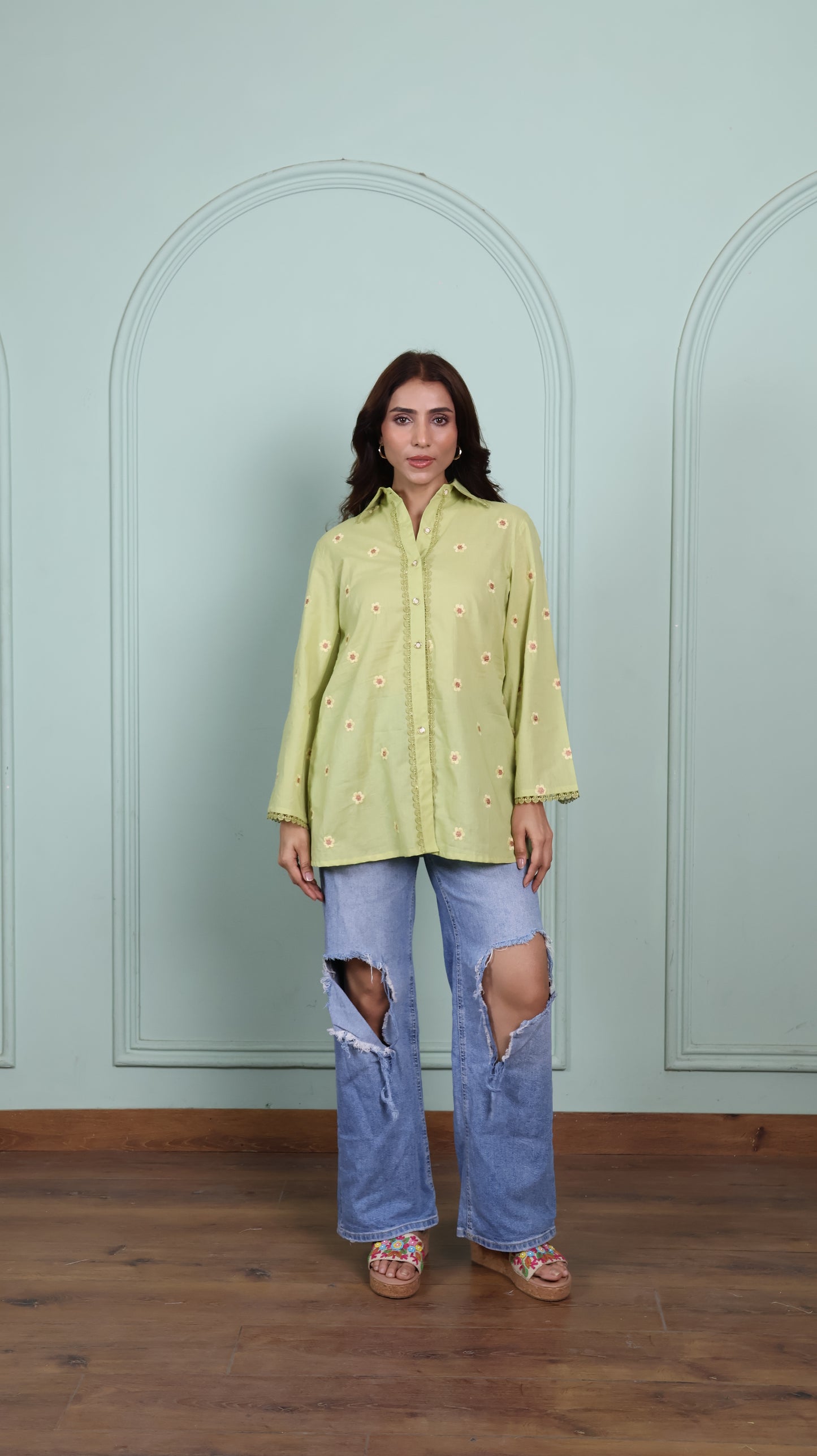 Green Lace shirt with embroidered flowers