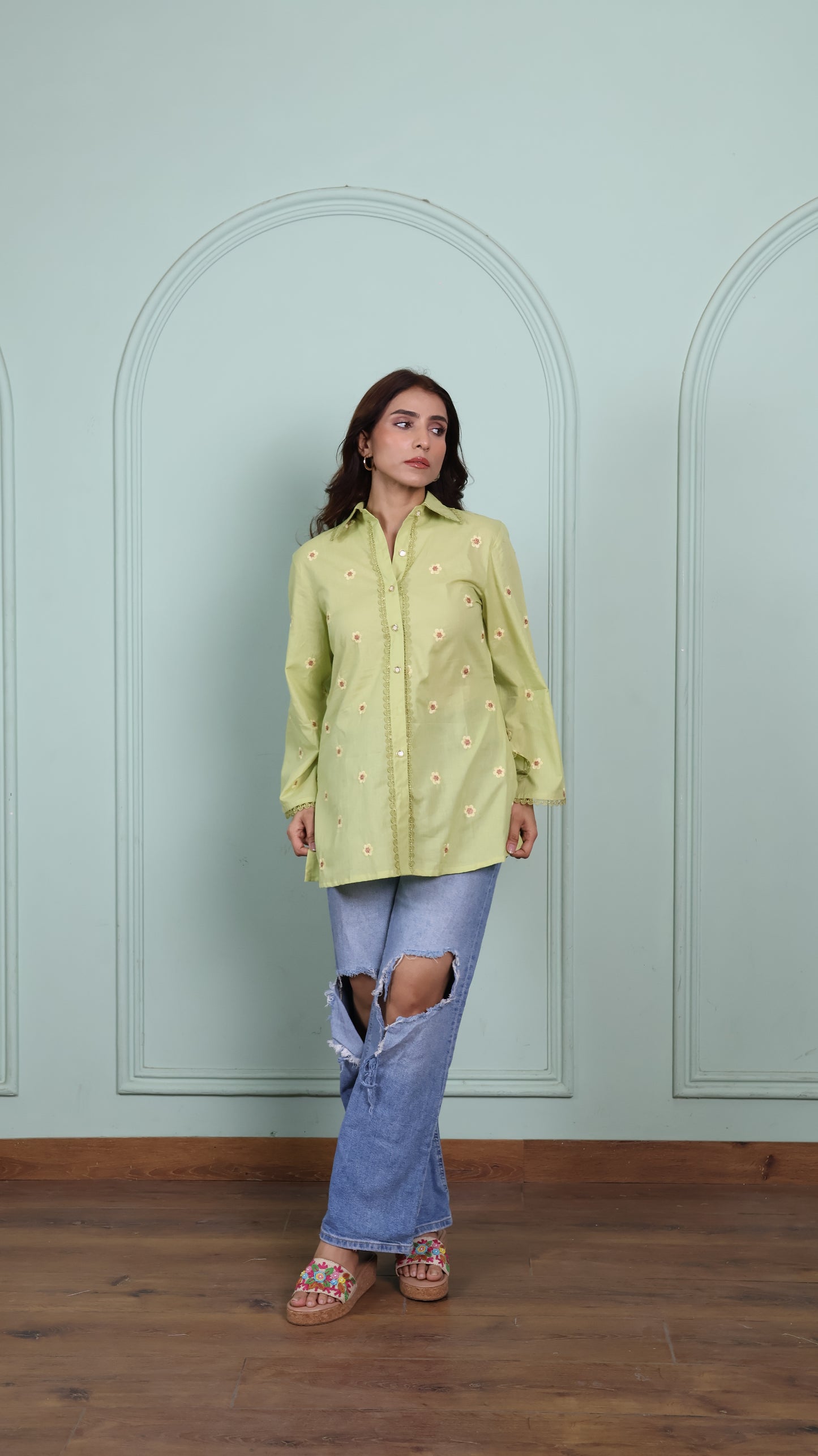 Green Lace shirt with embroidered flowers