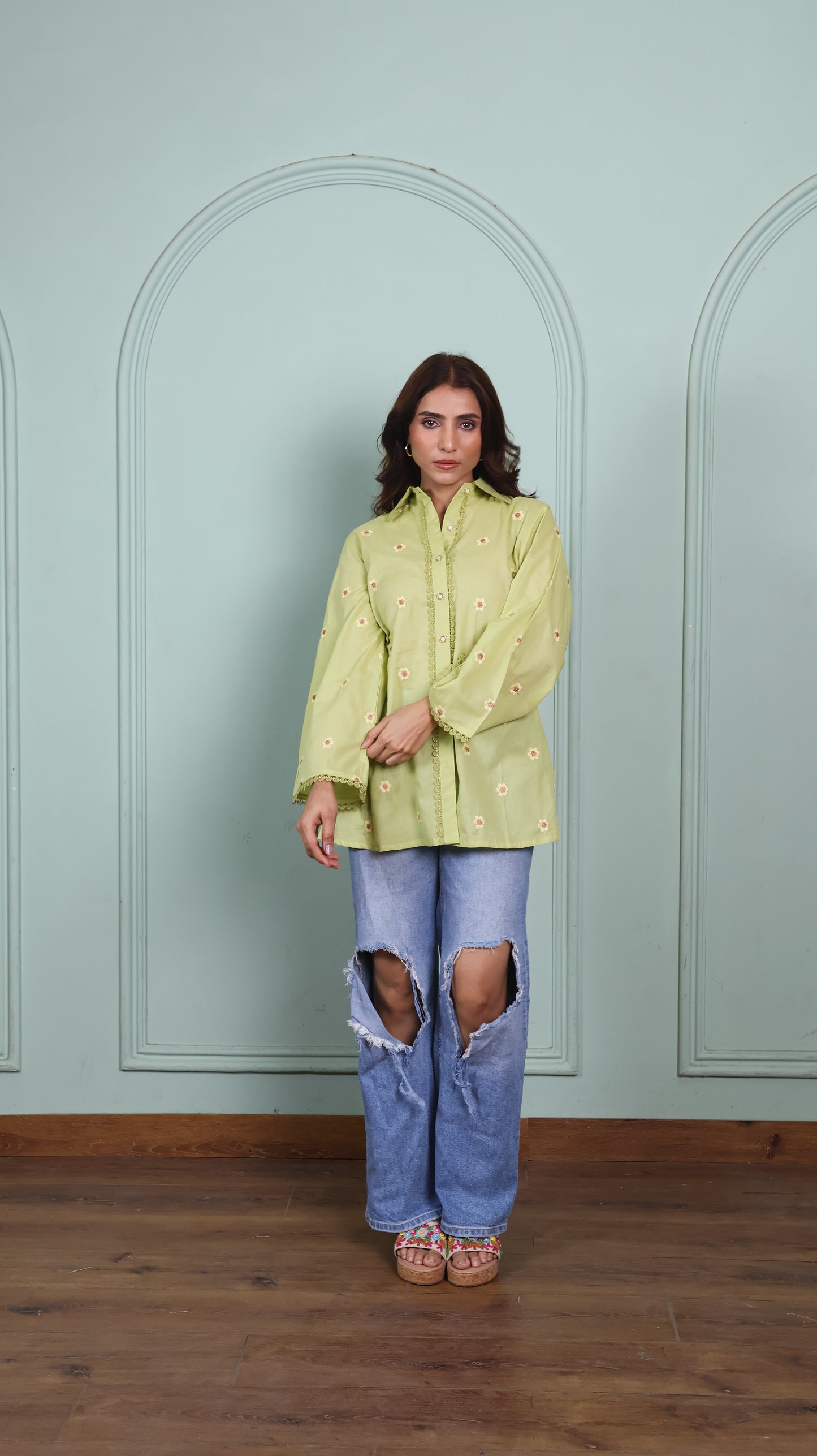 Green Lace shirt with embroidered flowers