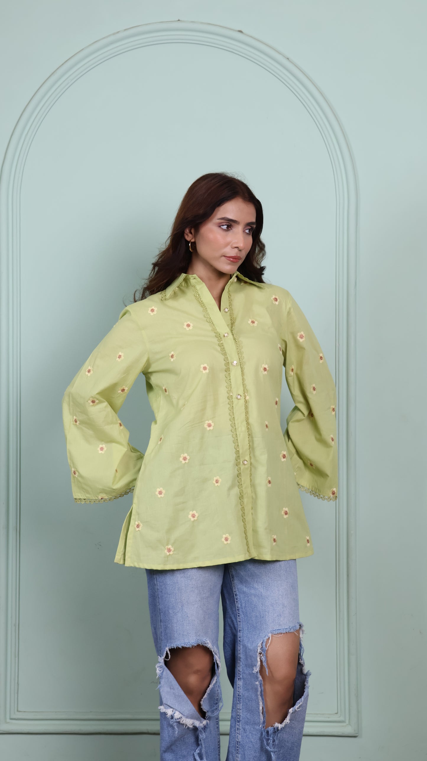 Green Lace shirt with embroidered flowers