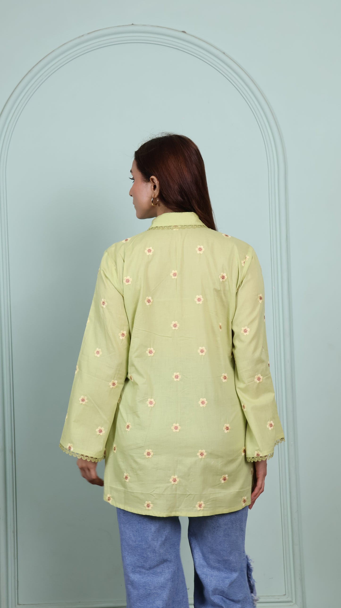 Green Lace shirt with embroidered flowers