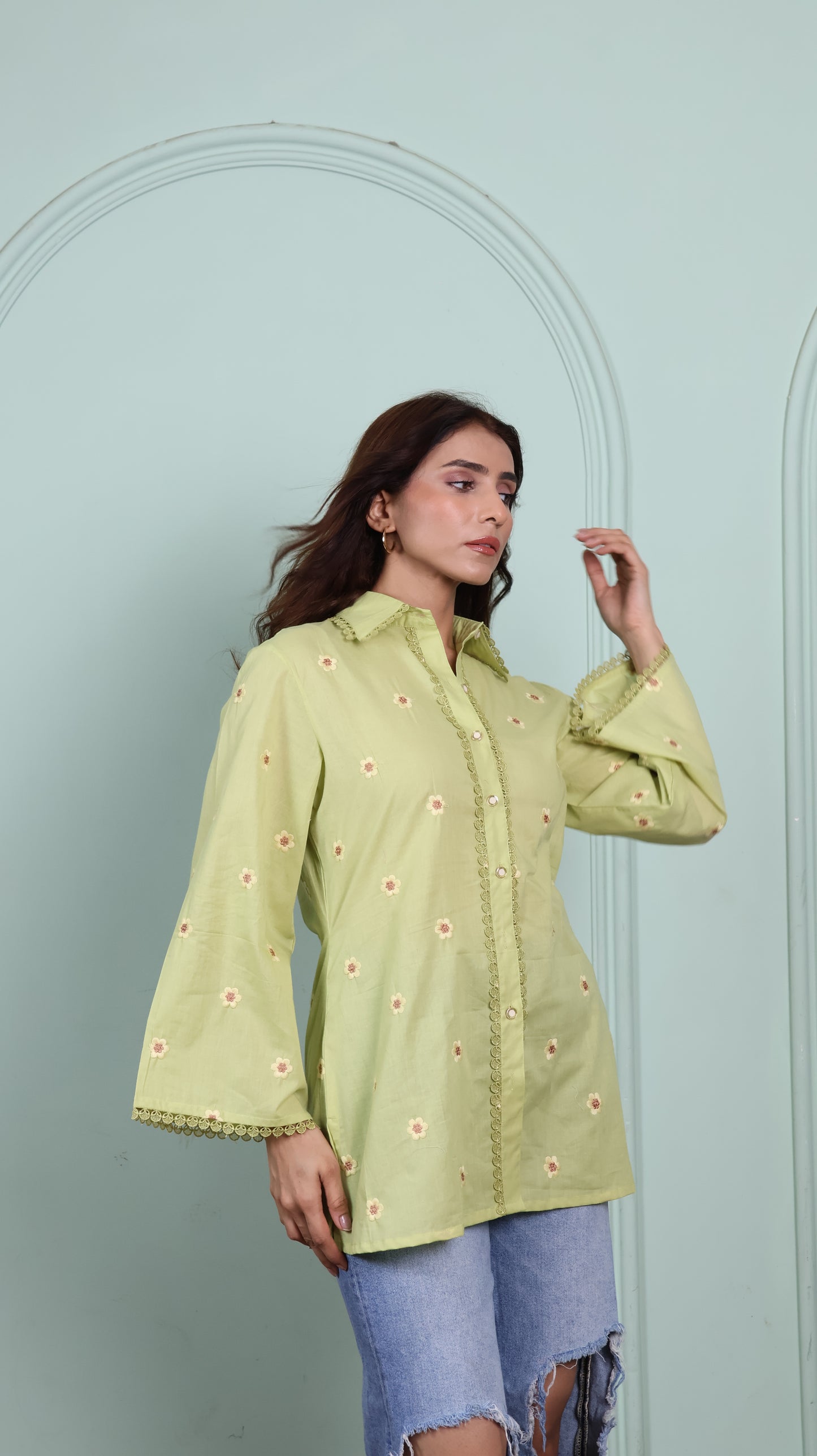 Green Lace shirt with embroidered flowers