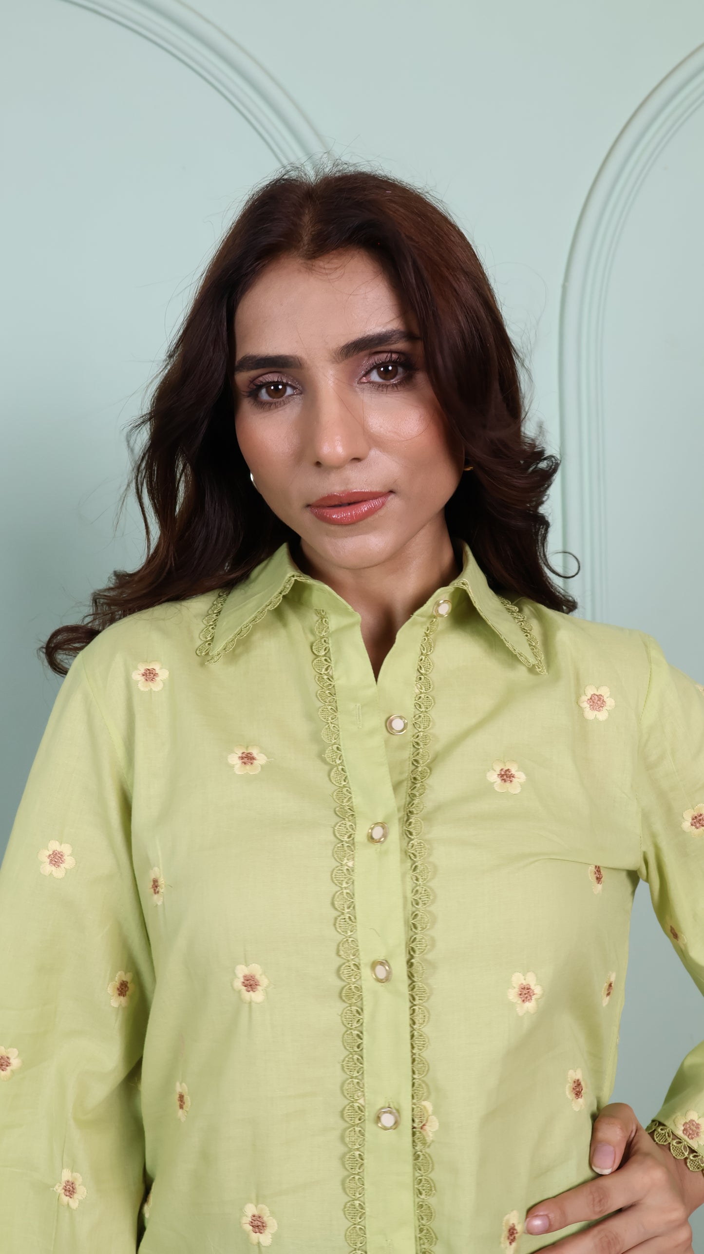 Green Lace shirt with embroidered flowers