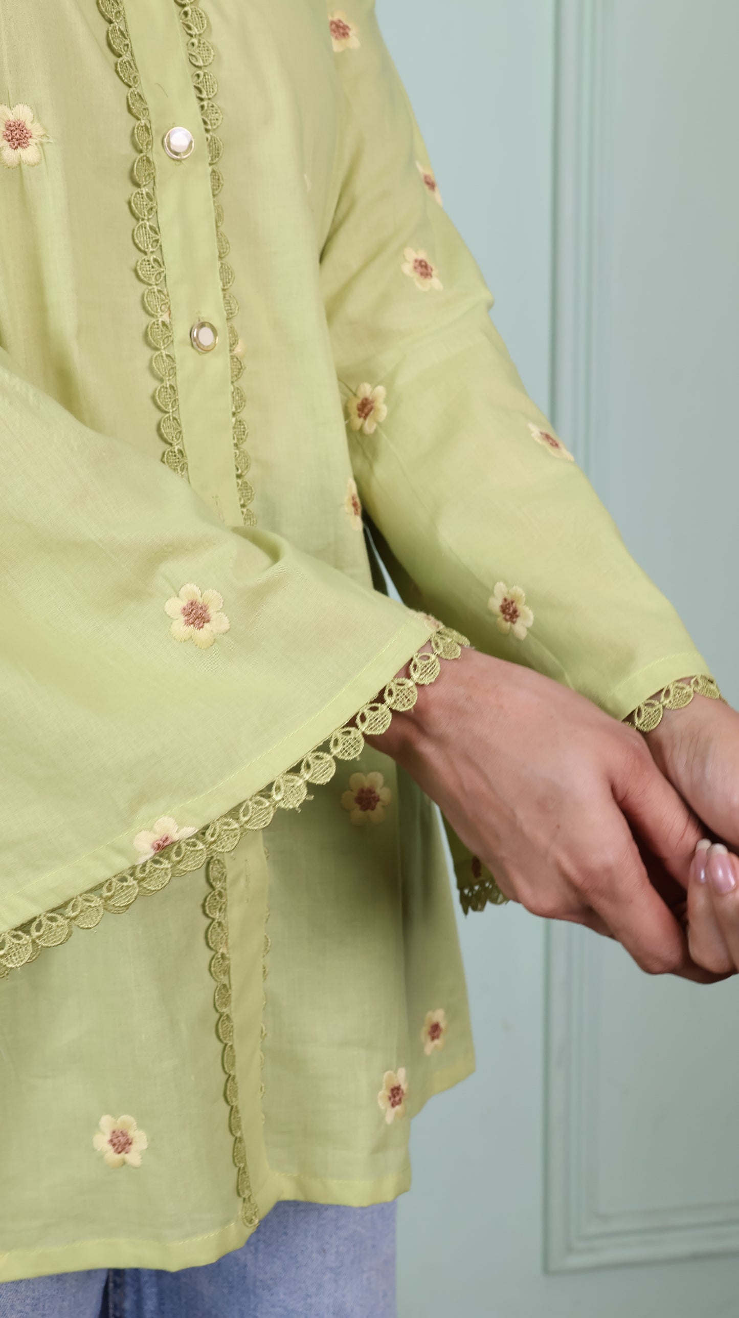 Green Lace shirt with embroidered flowers
