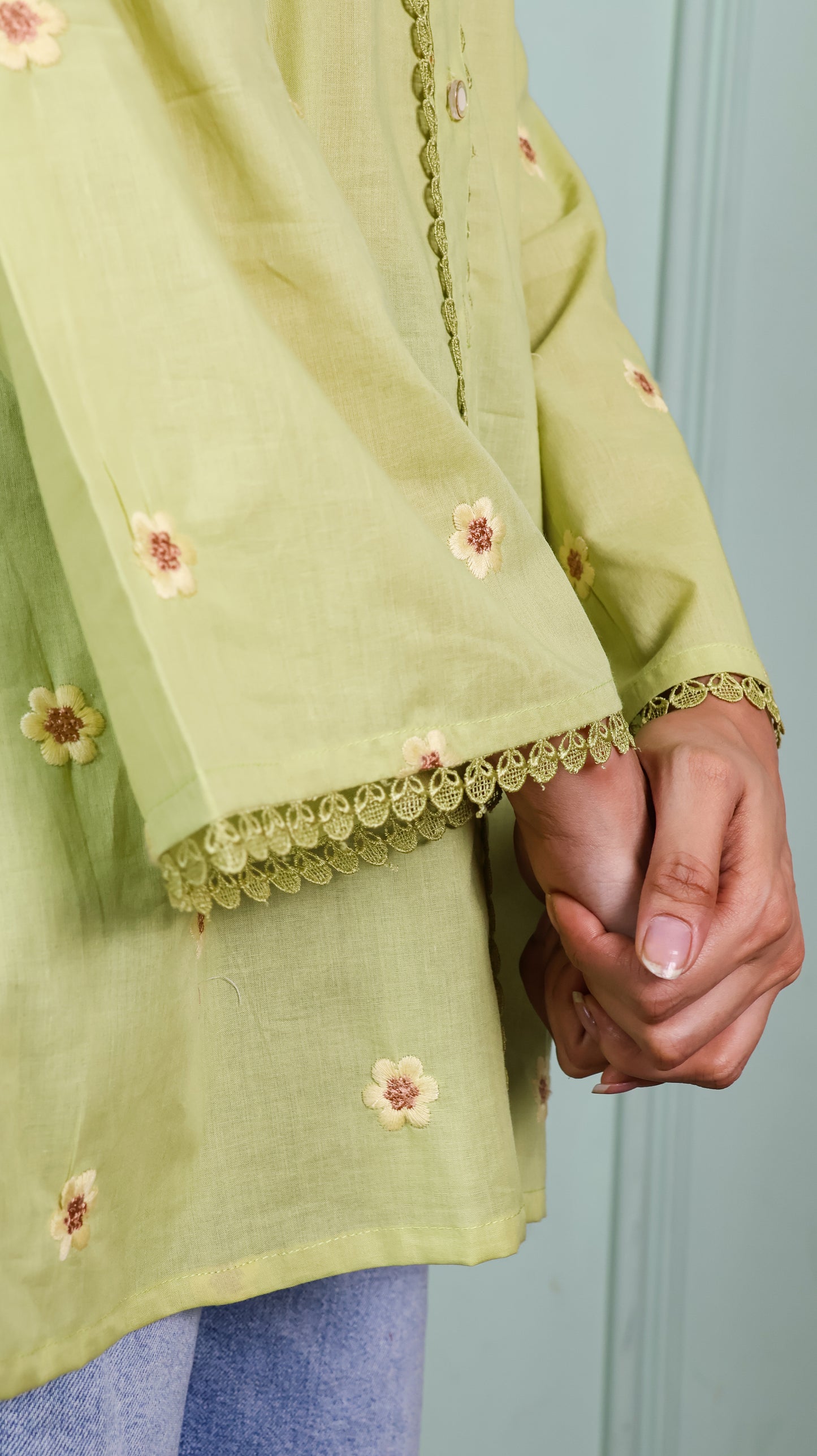 Green Lace shirt with embroidered flowers